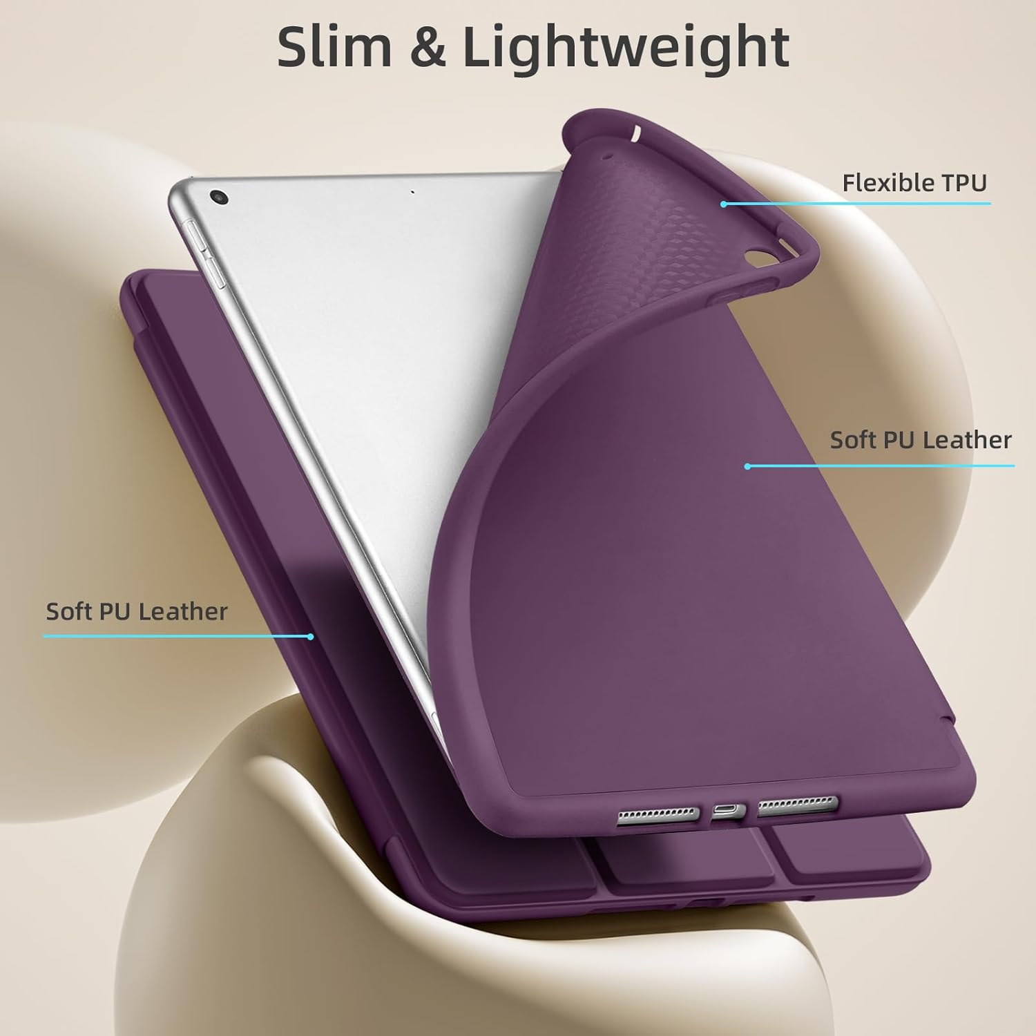 Lila Tablethülle mit flexiblem TPU und weichem PU-Leder. Die Hülle umschließt ein silbernes Tablet. Text: 'Schlank & Leicht'.