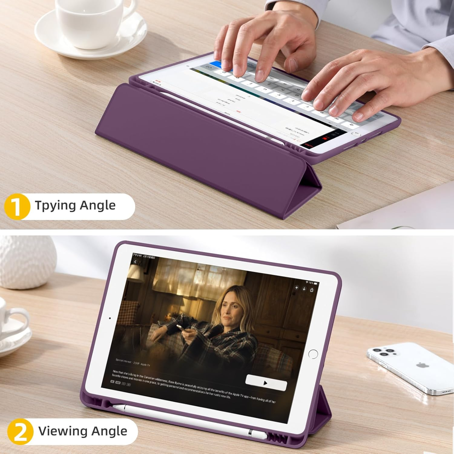 Zwei iPads in lila Hüllen auf einem Holztisch. Eines wird zum Tippen verwendet, das andere zeigt ein Video. Eine Tasse und ein Telefon sind ebenfalls sichtbar.
