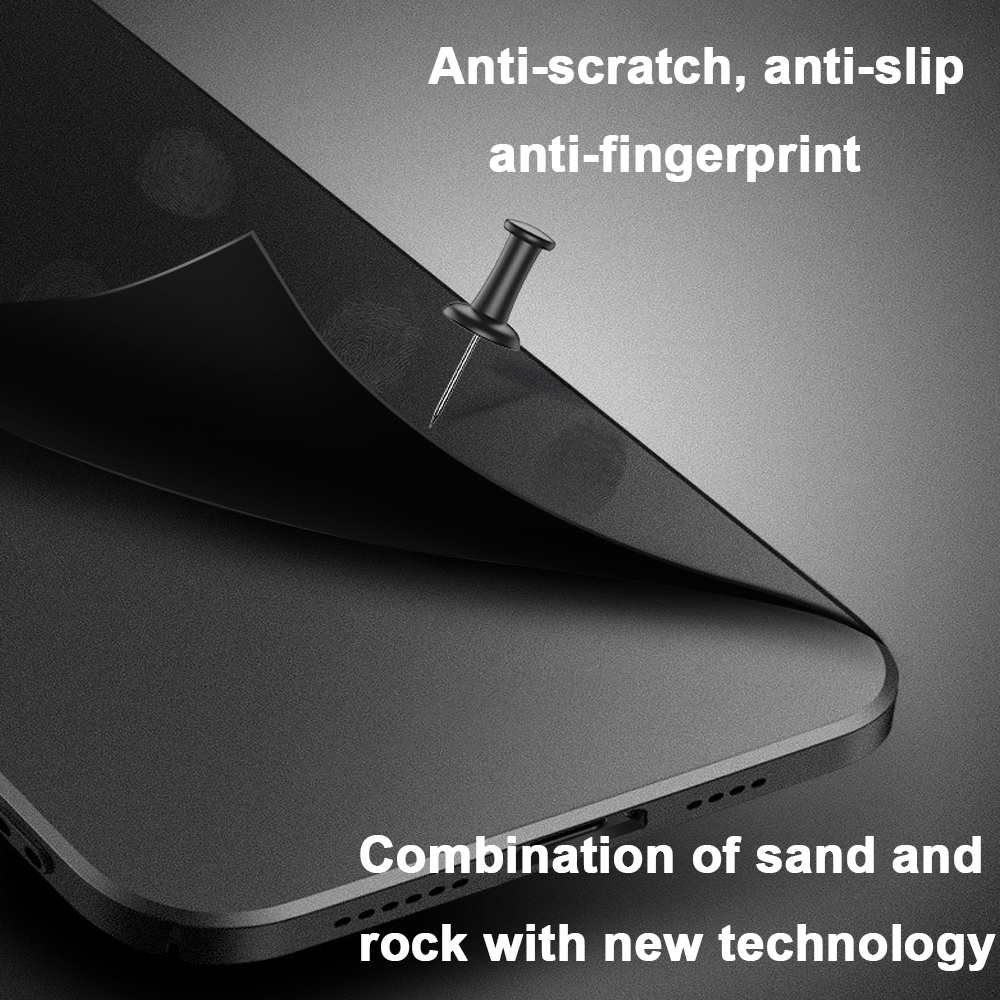 Ein Bildschirmschutz mit schwarzer Reißzwecke. Text: kratzfest, rutschfest, Anti-Fingerabdruck, Kombination aus Sand und Stein mit neuer Technologie.