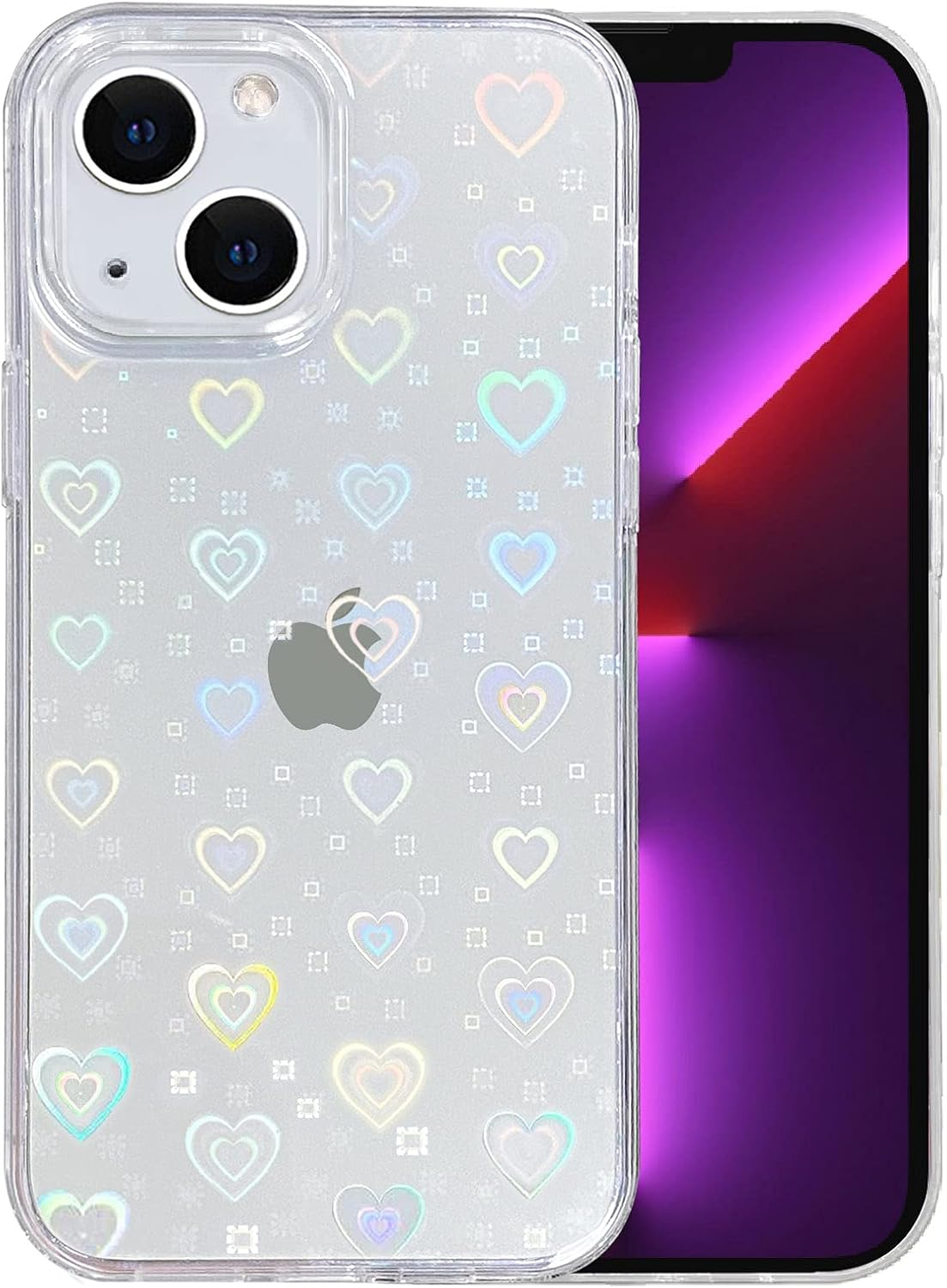 Transparente Handyhülle mit Herzdesign, bedeckt ein iPhone. Der Bildschirm zeigt Farbverläufe.