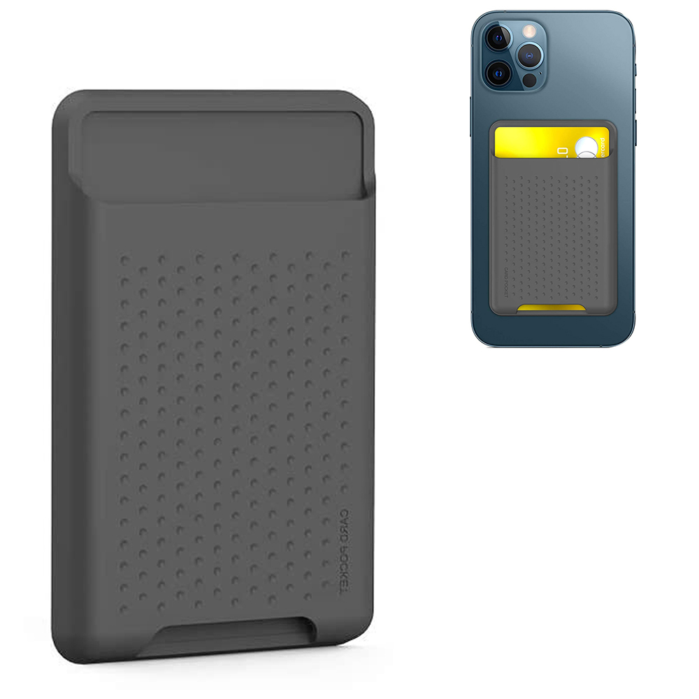 Eine graue Brieftasche für das Telefon und ein iPhone 12 Pro mit angebrachter Brieftasche. Die Brieftasche enthält eine Kreditkarte. Das Telefon ist blau.
