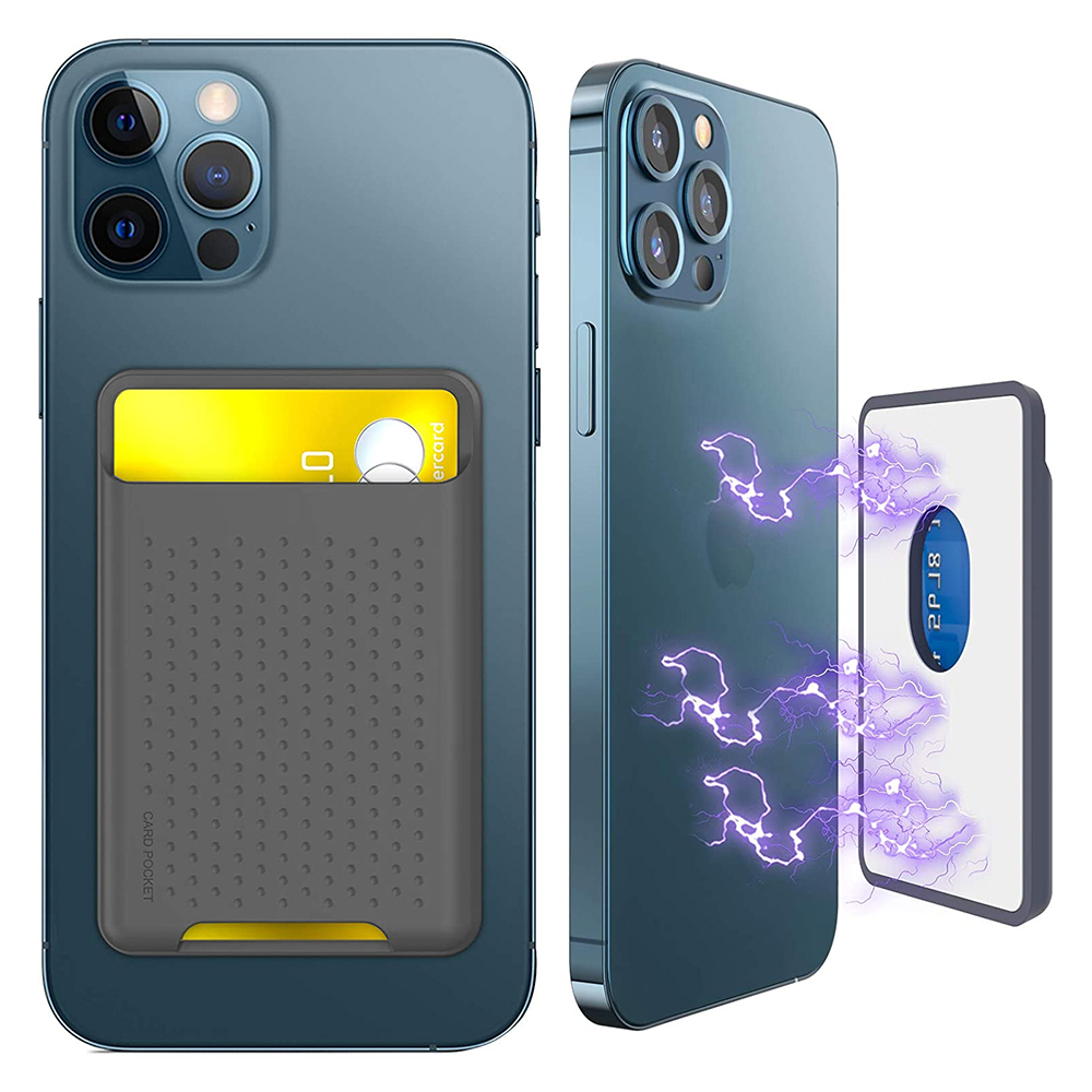 Zwei blaue Smartphones mit Kartenhaltern. Eines hat eine Kreditkarte. Ein anderes hat einen magnetischen Kartenhalter.