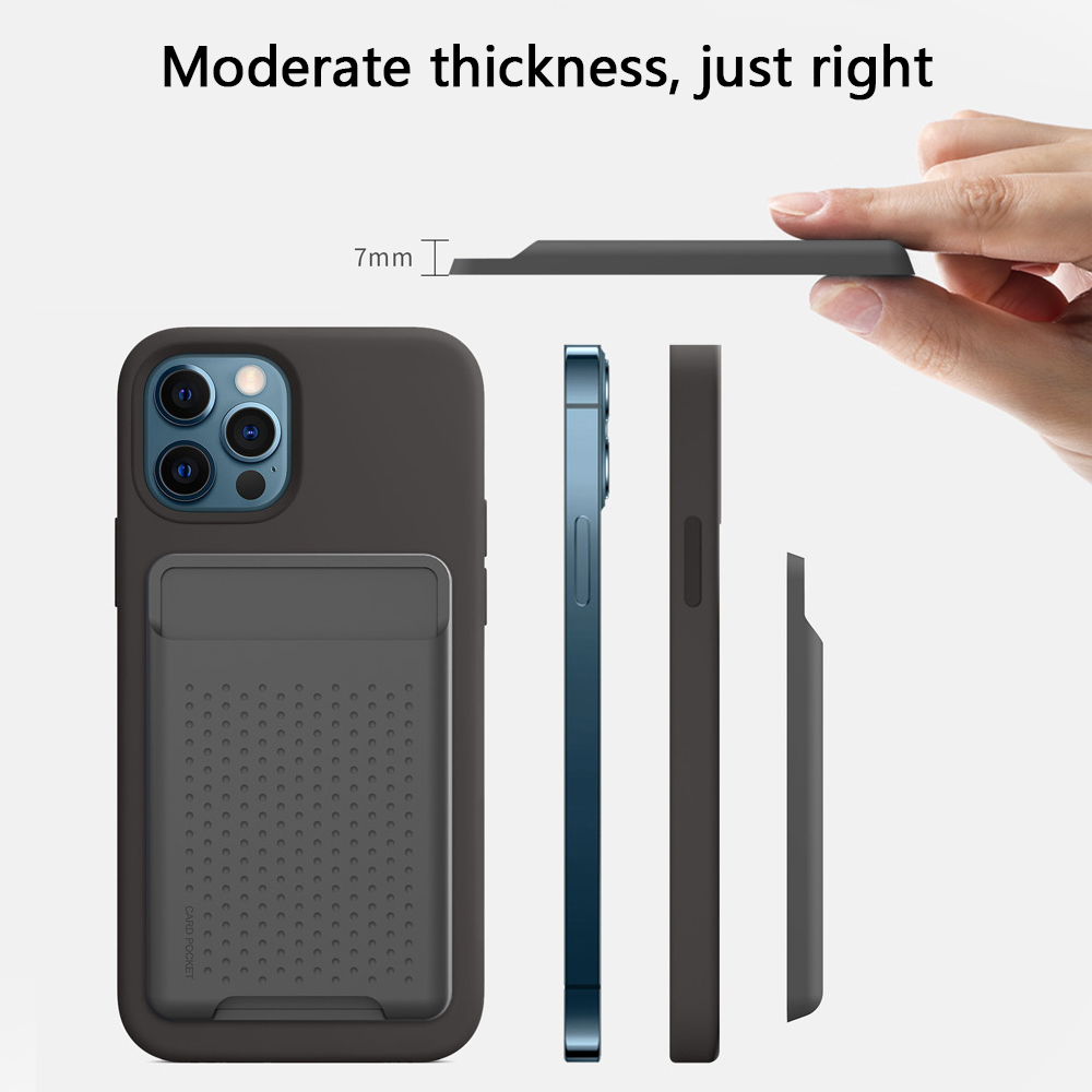 Das Bild zeigt eine Handyhülle mit Kartenfach. Eine Hand hält einen Teil der Hülle und zeigt deren Dicke (7 mm). Das Telefon ist blau.