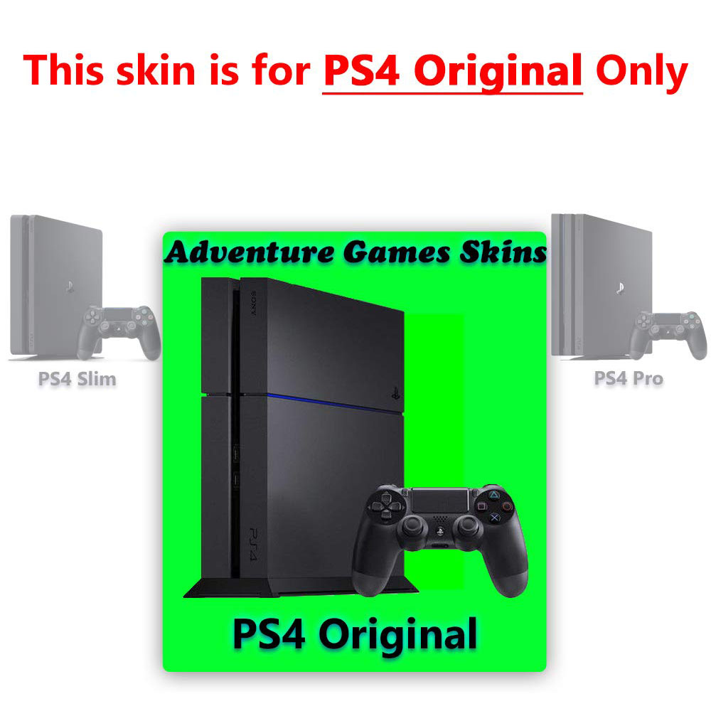 Das Bild zeigt eine PS4 Original mit Controller, PS4 Slim, PS4 Pro im Hintergrund. Der Text lautet 'Adventure Games Skins' und 'This skin is for PS4 Only'.