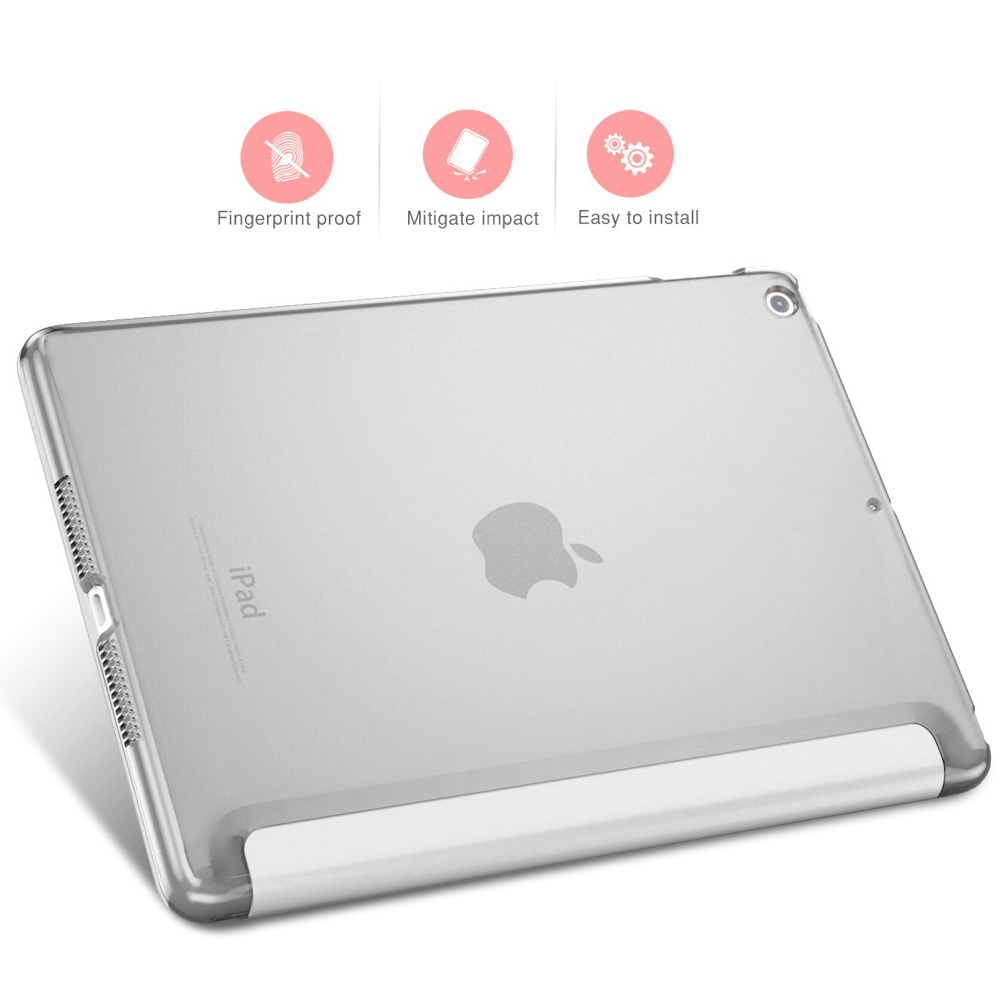 Eine transparente iPad-Hülle mit Apple-Logo. Icons zeigen Fingerabdruckschutz, Schlagminderung und einfache Installation.