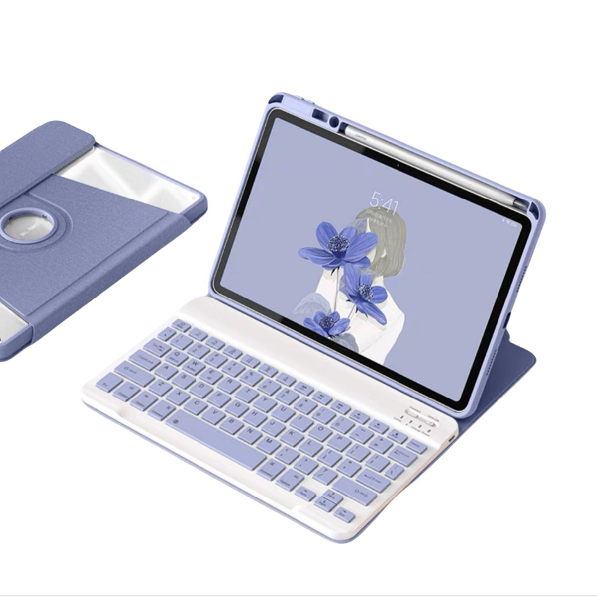 Ein Tablet mit Tastaturhülle ist geöffnet und zeigt ein Blumenbild. Das Gehäuse ist lila und weiß. Ein Stift ist befestigt.