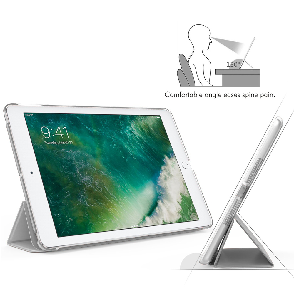 Ein iPad in einem Ständer, der den Bildschirm zeigt, und ein Diagramm einer Person, die ein Tablet in einem angenehmen Winkel benutzt, um Rückenschmerzen zu lindern.