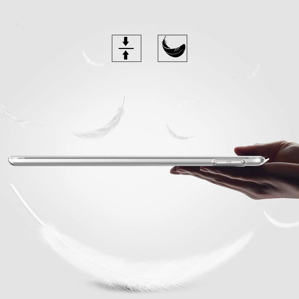 Hand hält klares Tablet. Weiße Federn schweben herum. Zwei Symbole: Pfeile nach oben und unten, und eine Feder.