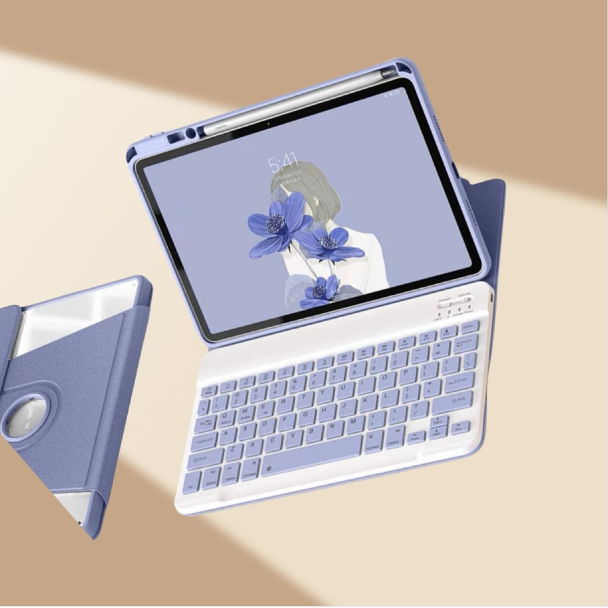 Tablet mit Tastaturhülle. Der Bildschirm zeigt eine Frau mit blauen Blumen. Die Hülle ist lavendelfarben. Der Hintergrund ist hellbraun.