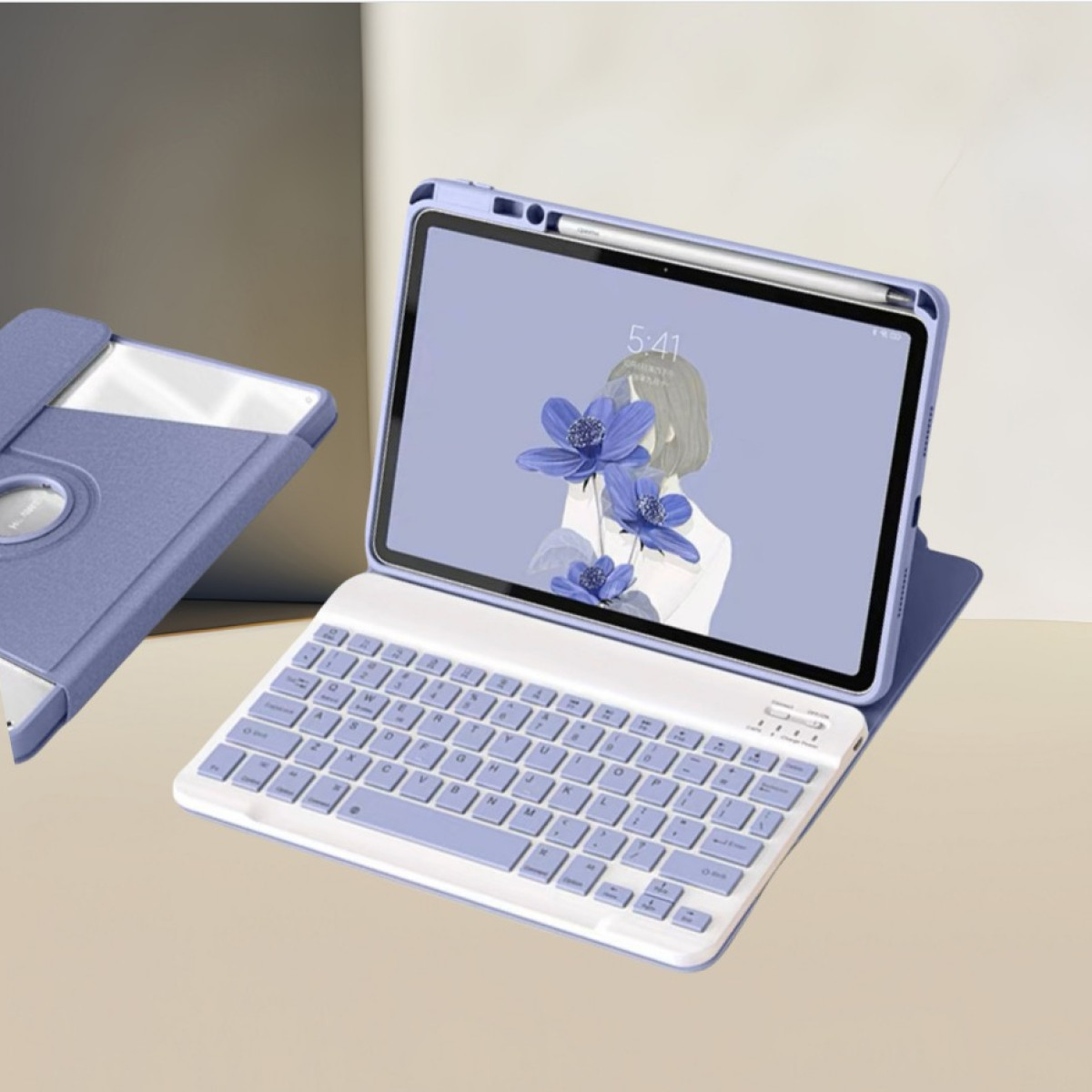 Ein Tablet mit Tastatur und Stift wird angezeigt. Das Tablet hat eine blaue Hülle. Der Bildschirm zeigt eine Zeichnung einer Frau und Blumen.
