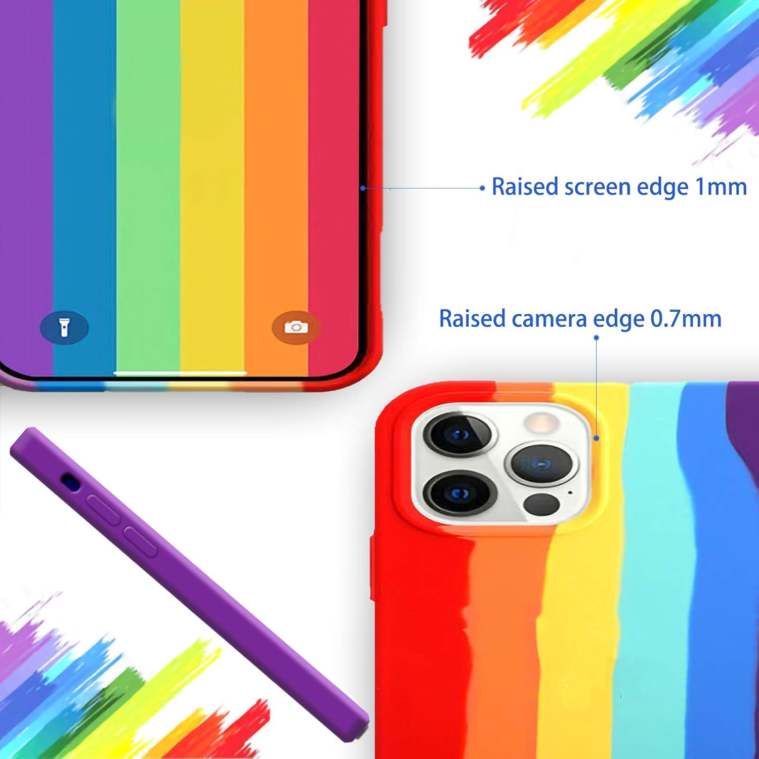 Ein Telefon mit Regenbogenhülle wird gezeigt. Die Hülle hat eine erhöhte Bildschirm- und Kamerakante. Eine lila Handyhülle liegt daneben.