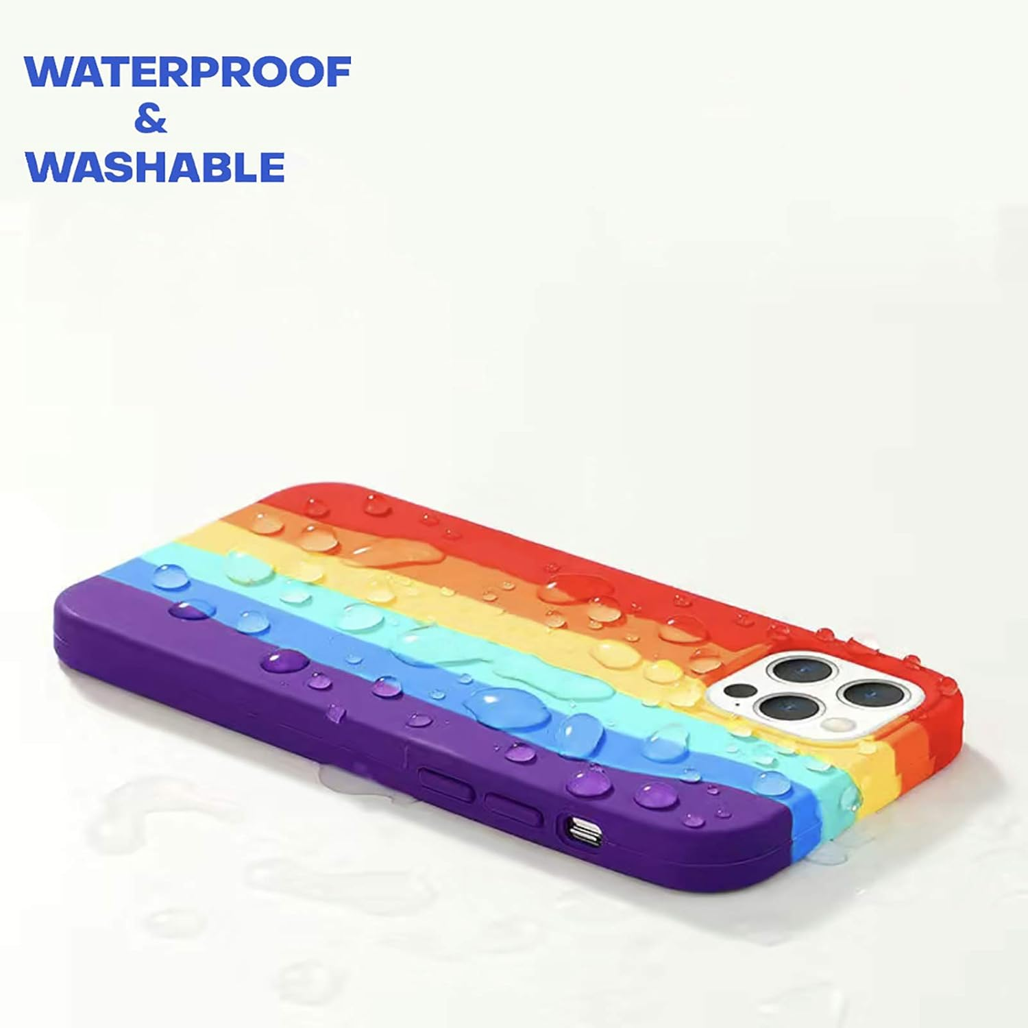 Eine regenbogenfarbene Handyhülle mit Wassertropfen. Der Text 'WASSERDICHT & WASCHBAR' steht oben. Der Hintergrund ist weiß.
