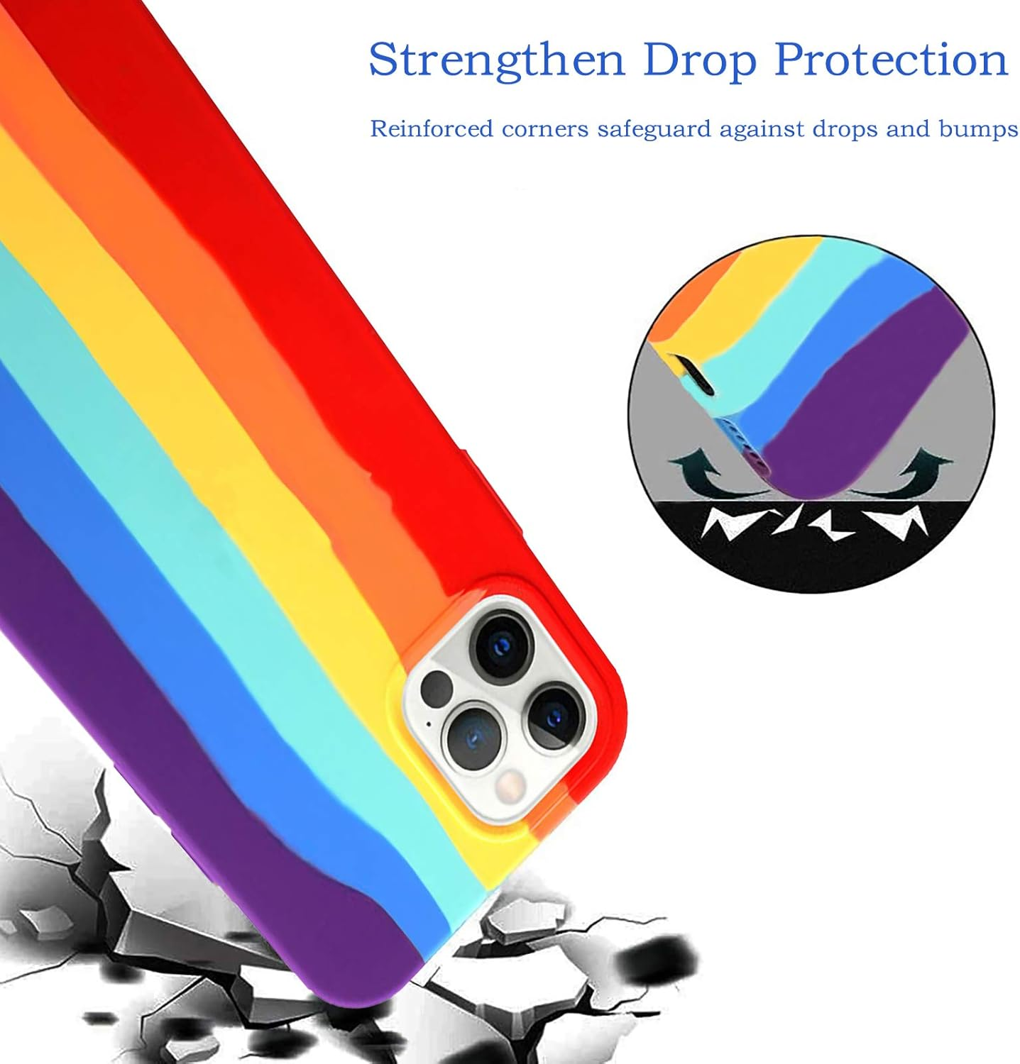 Regenbogen-Handyhülle auf weißem Hintergrund. Verstärkte Ecken schützen vor Stürzen. Grafik zeigt Aufprallschutz.