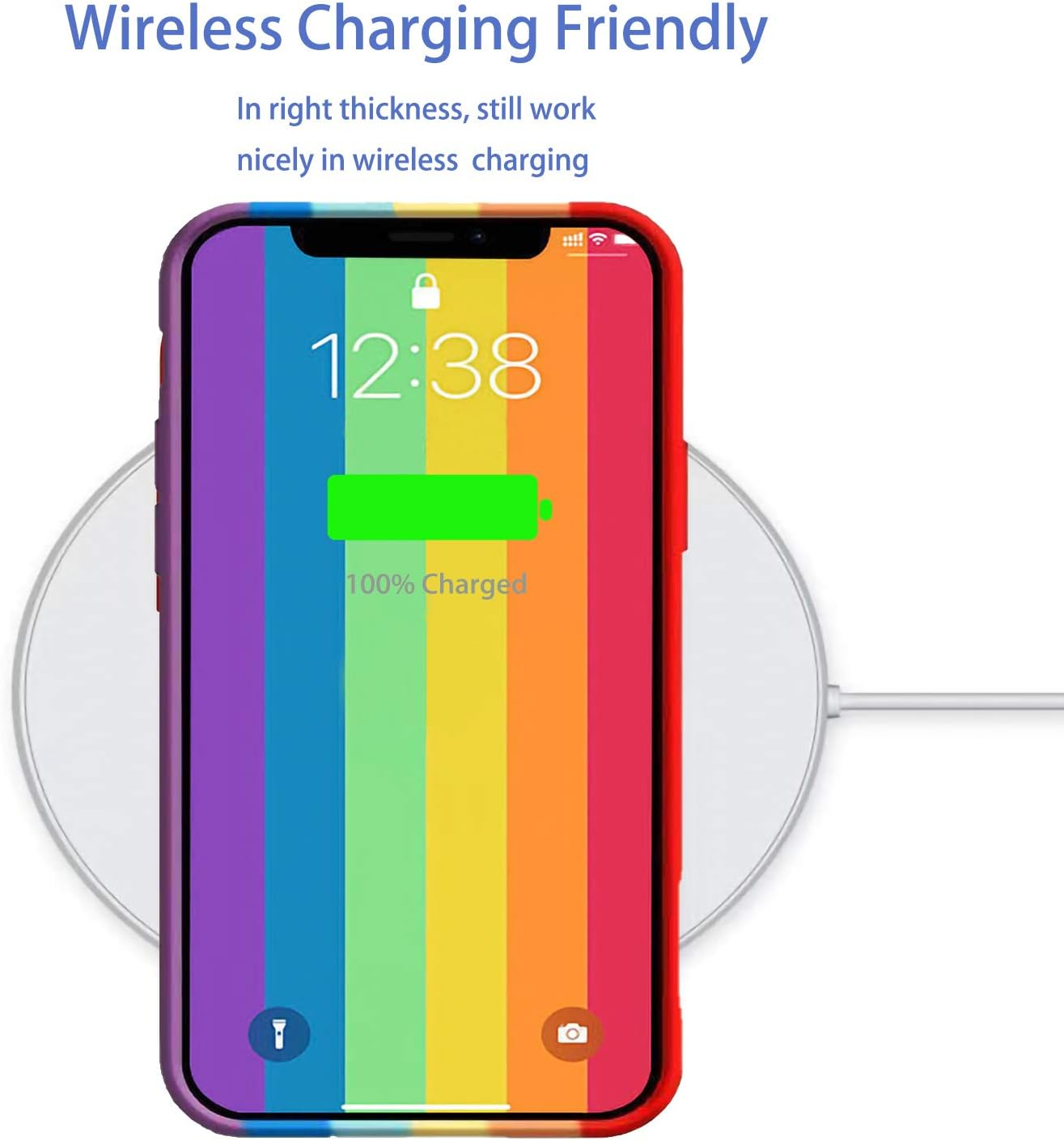 Ein Telefon mit Regenbogen-Bildschirm (12:38) liegt auf einem weißen kabellosen Ladegerät. Das Telefon ist zu 100% geladen.