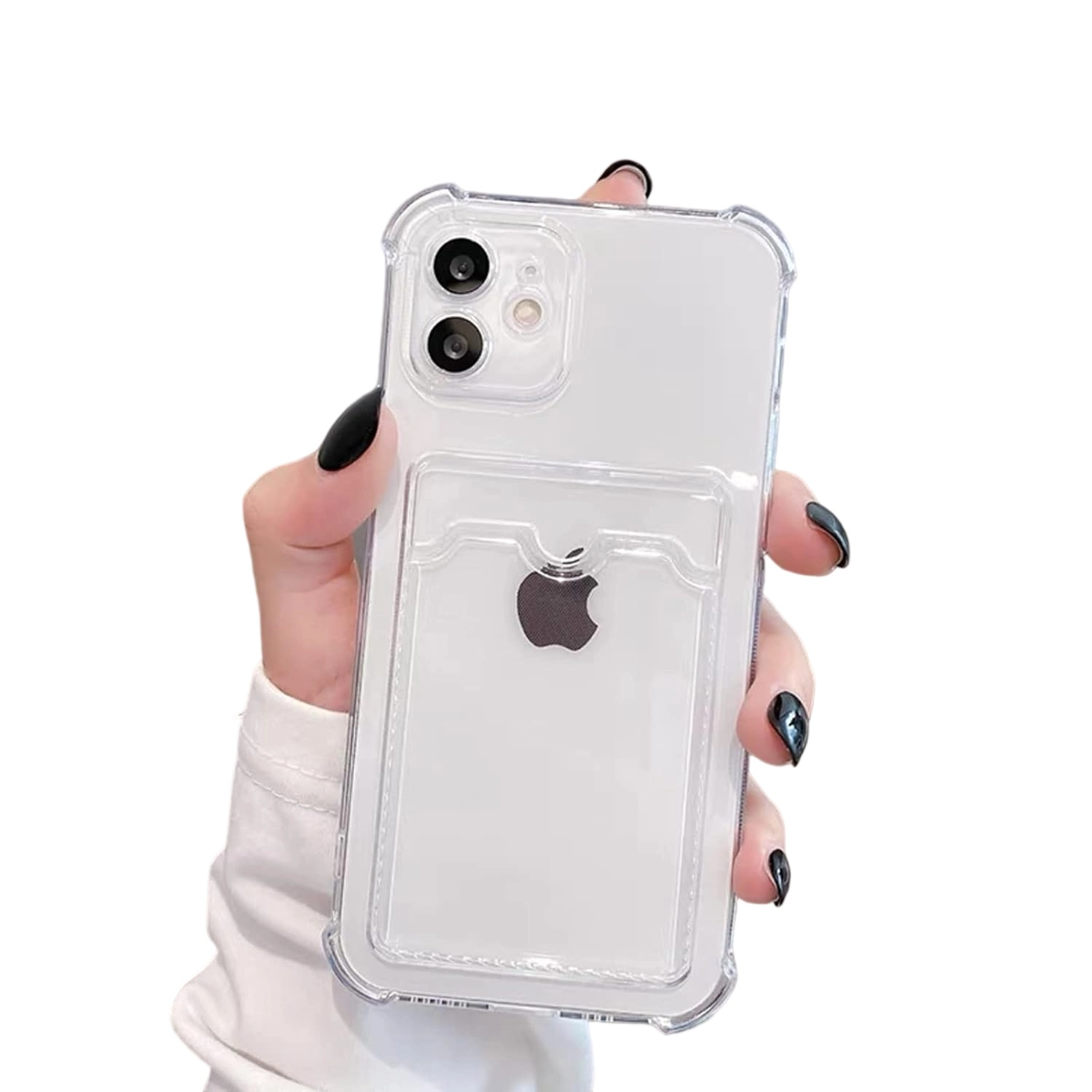Eine Person hält eine transparente Handyhülle mit einem Apple-Logo. Die Hülle hat einen Kartenhalter. Die Person hat schwarzen Nagellack.
