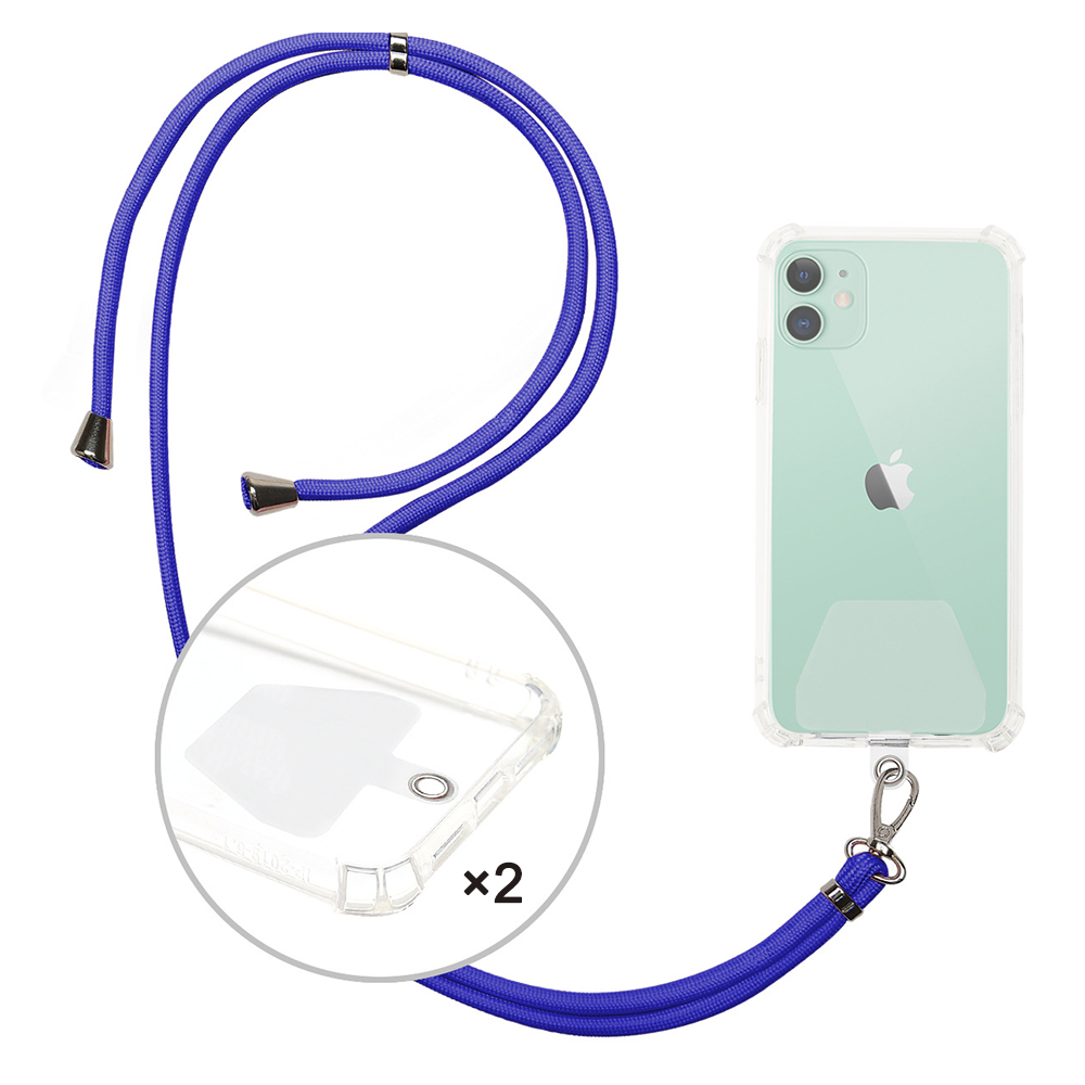 Ein Telefon mit transparenter Hülle und blauem Umhängeband. Das Band hat Metallenden und einen silbernen Verschluss. Vergrößerter Gehäuseteil.