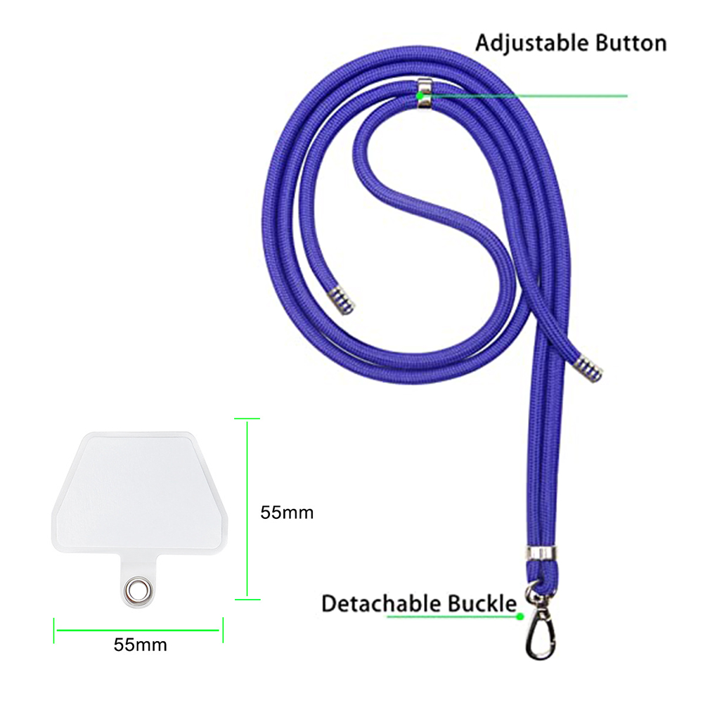 Ein blaues Telefon-Lanyard mit abnehmbarer Schnalle und verstellbarem Knopf. Ein weißes Etikett mit Ring ist ebenfalls sichtbar.
