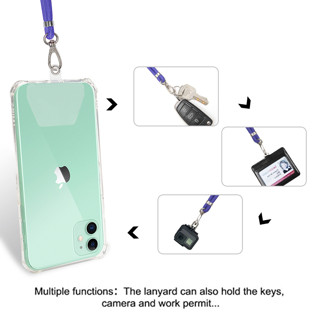 Ein Telefon mit Hülle, ein Schlüsselband, Schlüssel, ein Ausweis und eine Kamera werden gezeigt, um die vielfältigen Anwendungen zu veranschaulichen.