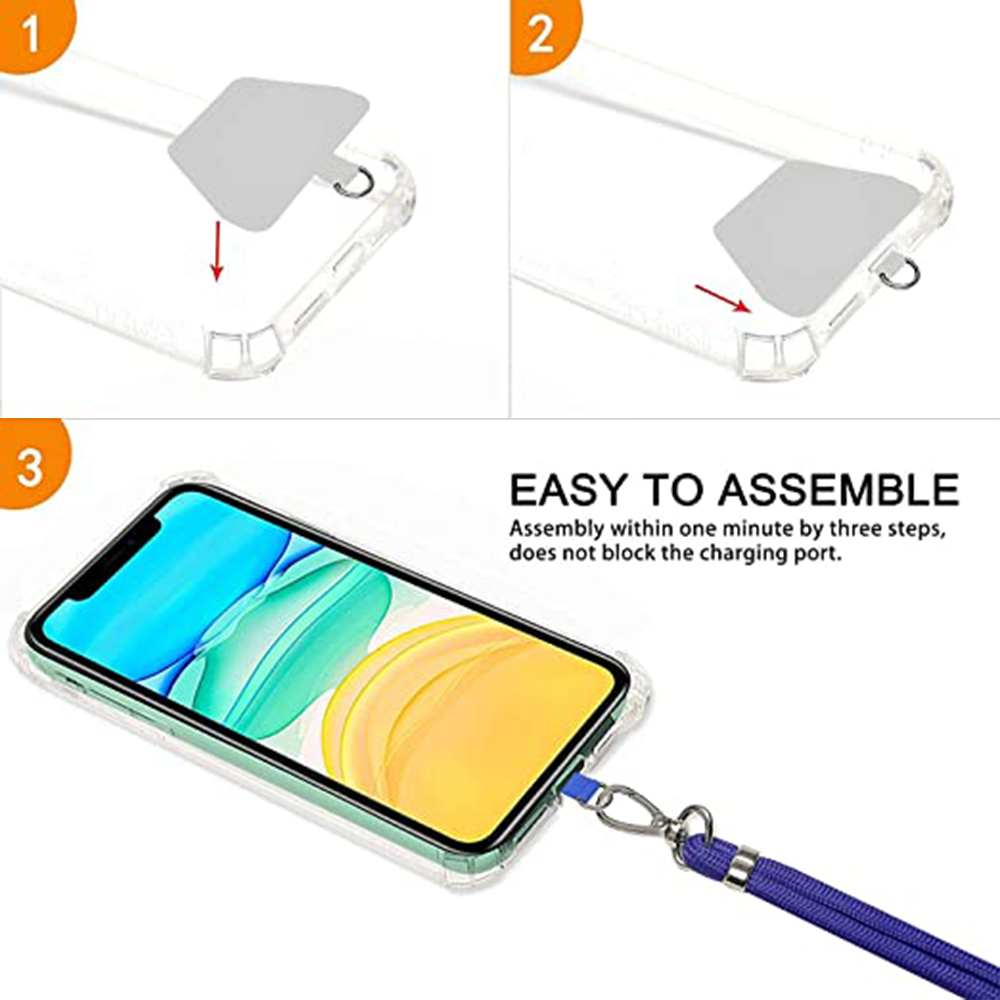 Das Bild zeigt die Montage eines Handy-Cases: Telefon einlegen, Aufkleber anbringen, fertig. Text: einfach zu montieren.