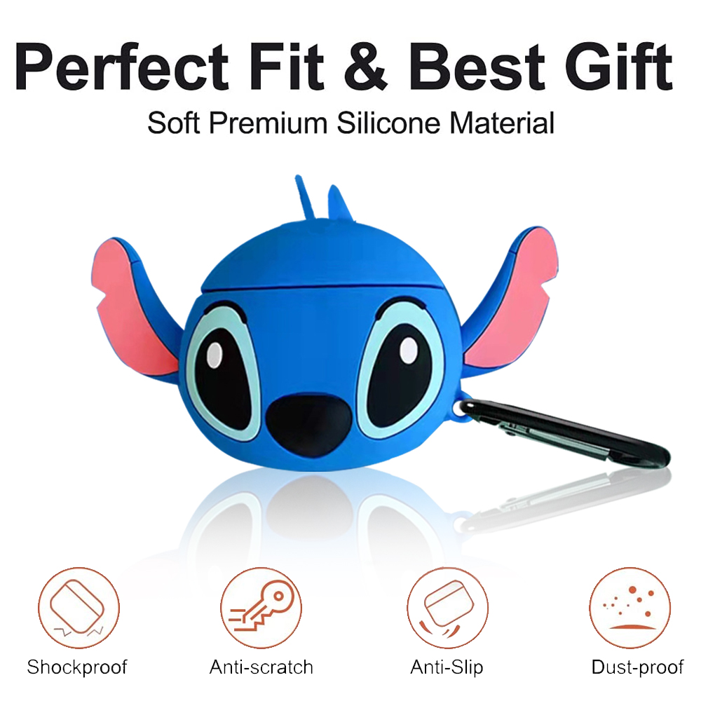 Ein blaues Stitch-förmiges Etui mit rosa Ohren und einem schwarzen Clip. Der Text lautet 'Perfect Fit & Best Gift'. Symbole für stoßfest, kratzfest, rutschfest, staubdicht.