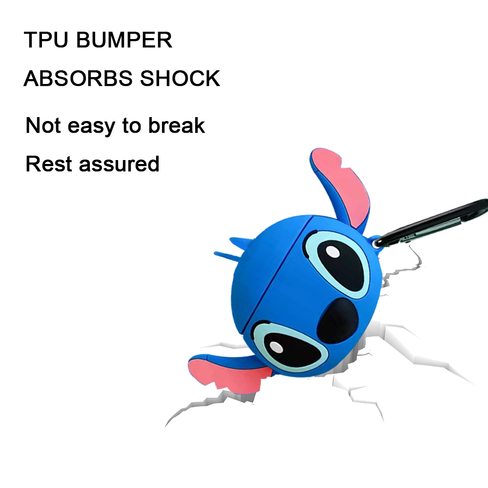 Ein blaues Stitch-förmiges Gehäuse. Es hat rosa Ohren und einen schwarzen stiftartigen Gegenstand. Der Hintergrund ist weiß mit Rissen.