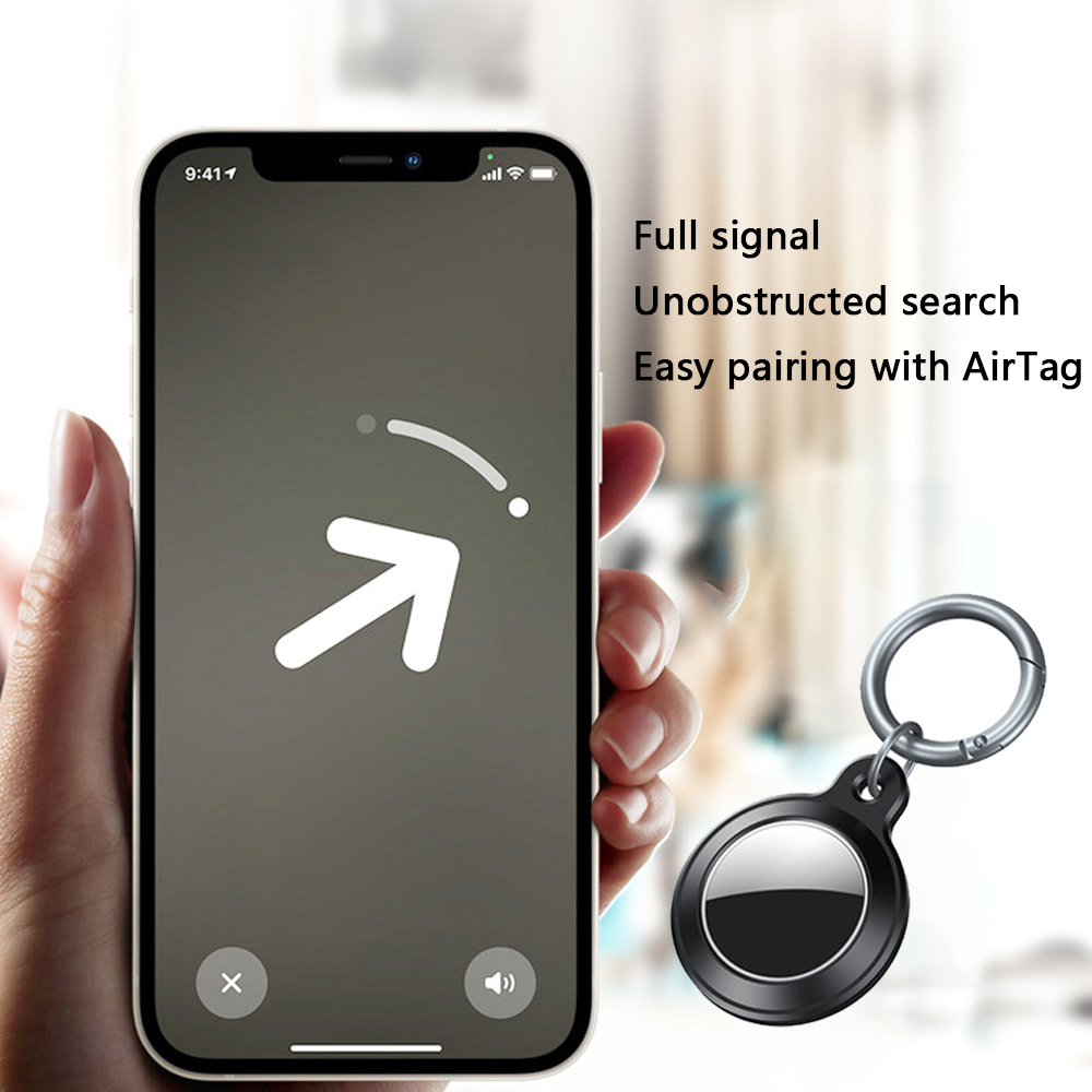 Eine Hand hält ein Telefon mit einem Suchsymbol. Ein AirTag liegt daneben. Text: Volles Signal, ungehinderte Suche, einfaches Pairing.