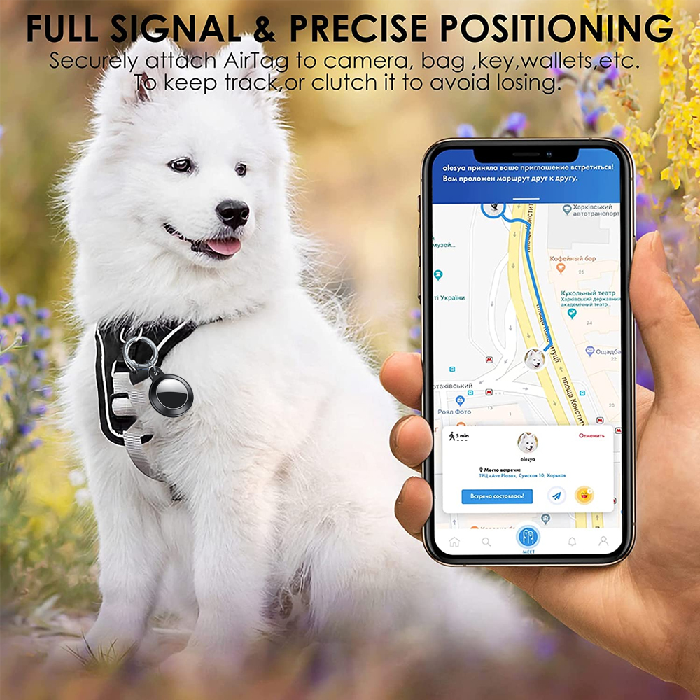 Ein weißer Hund mit einem Tracker am Geschirr. Ein Telefon zeigt eine Karte und Standortverfolgung. Text: Volles Signal und präzise Positionierung.