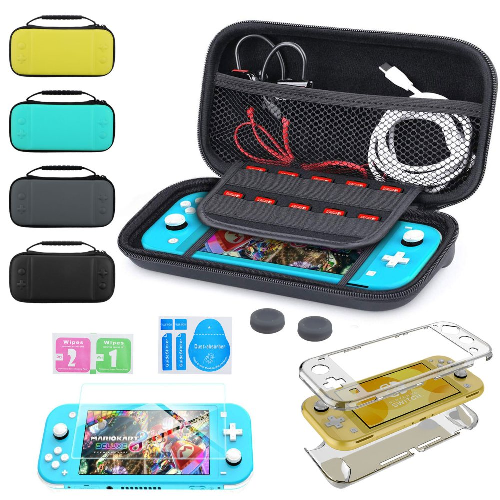 Ein blauer Nintendo Switch Lite, Hüllen, Displayschutzfolien, Zubehör und eine schwarze Tragetasche. Ein gelber Switch ist ebenfalls abgebildet.