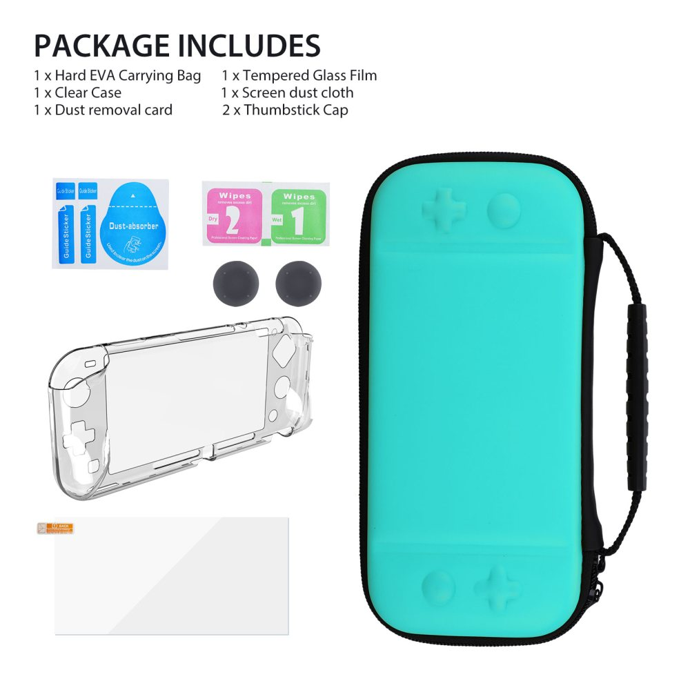 Ein Bild zeigt eine teal Tragetasche, eine klare Hülle, eine Displayschutzfolie, Reinigungstücher und Daumenkappen. Das Paket enthält Zubehör.