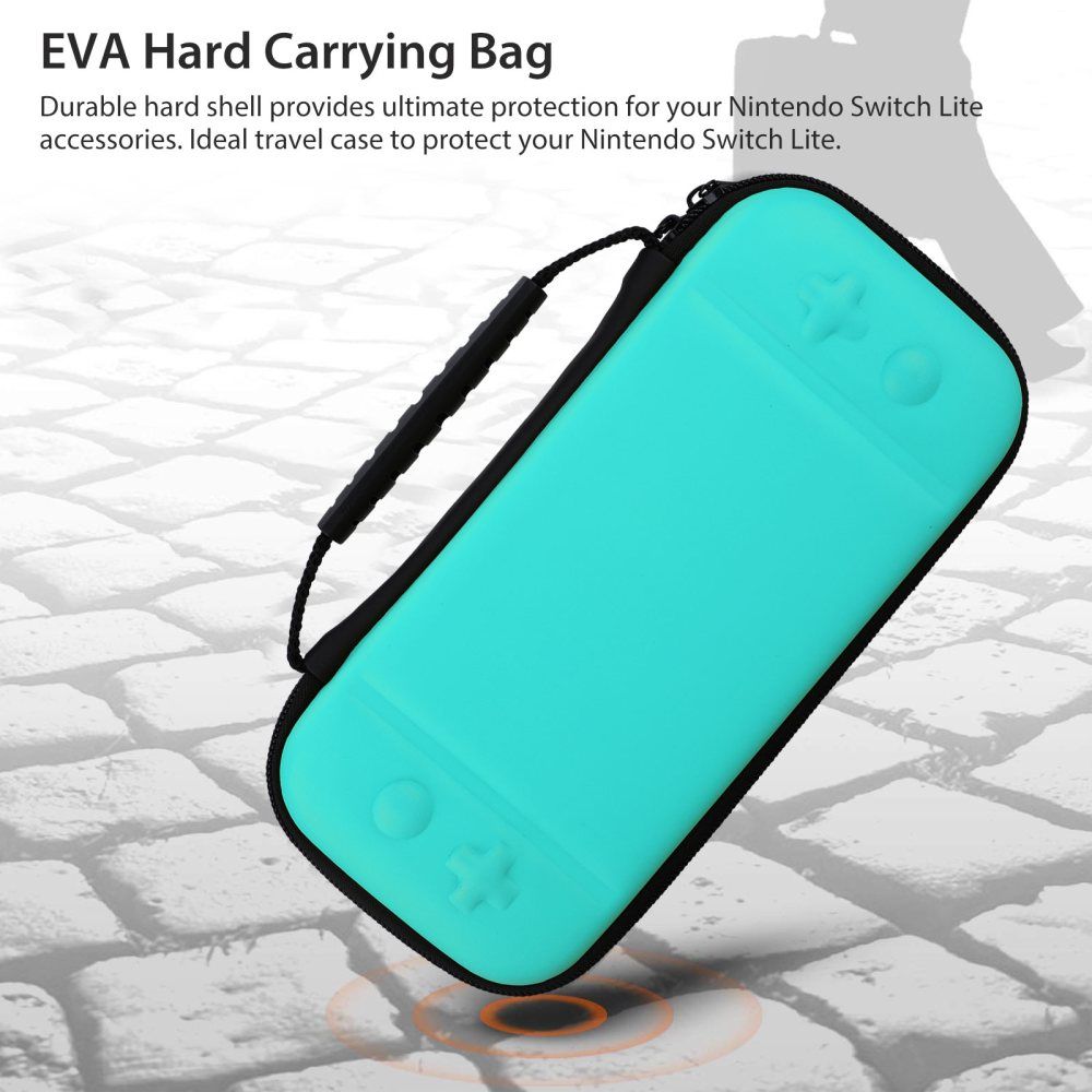 Eine türkisblaue Nintendo Switch Lite-Hülle mit schwarzem Griff. Die Hülle befindet sich auf einer Steinoberfläche. Text: 'EVA Hard Carrying Bag'.