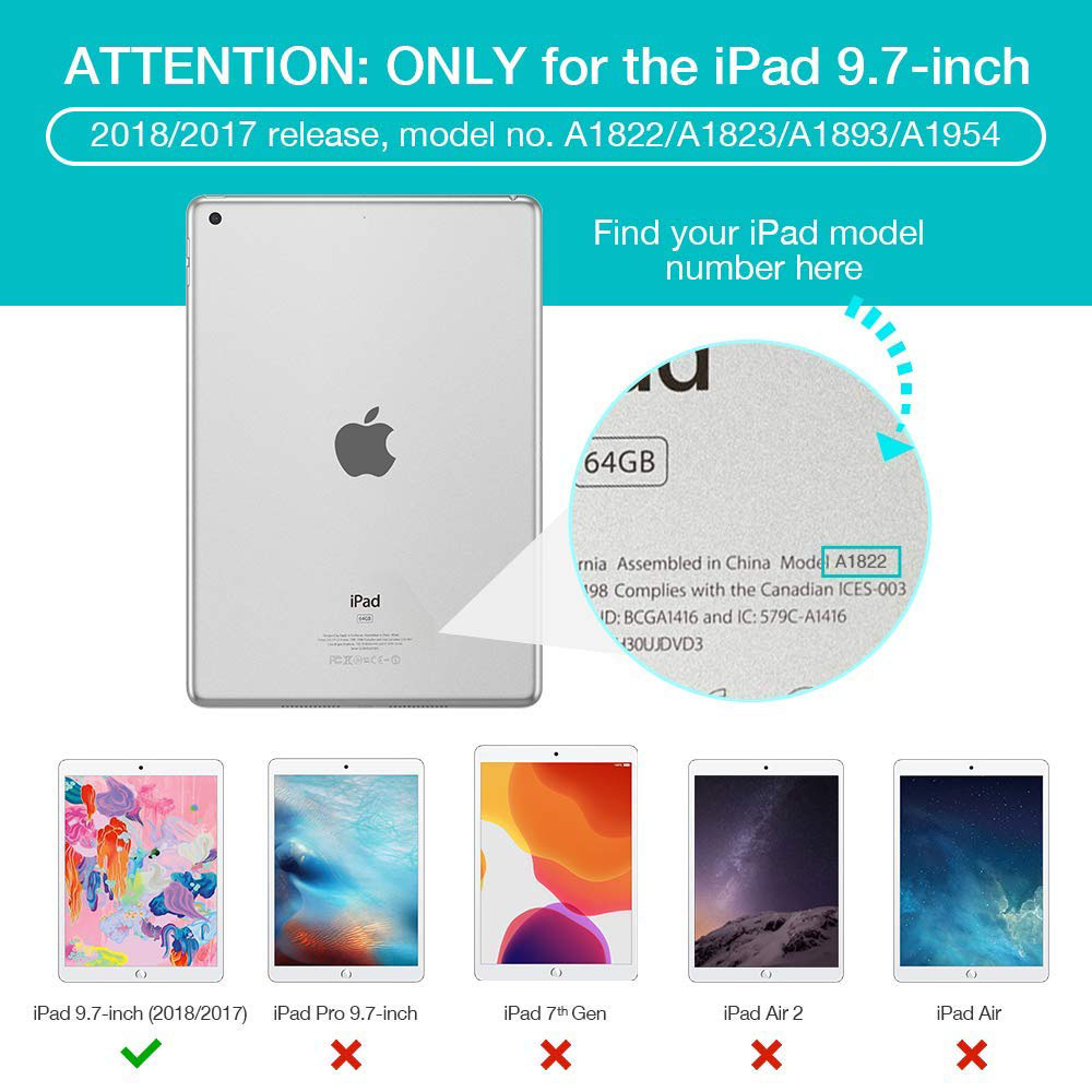 Ein iPad mit der Modellnummer A1822 wird angezeigt. Das Bild ist für das iPad 9,7 Zoll 2018/2017. Unten sind andere iPads abgebildet.