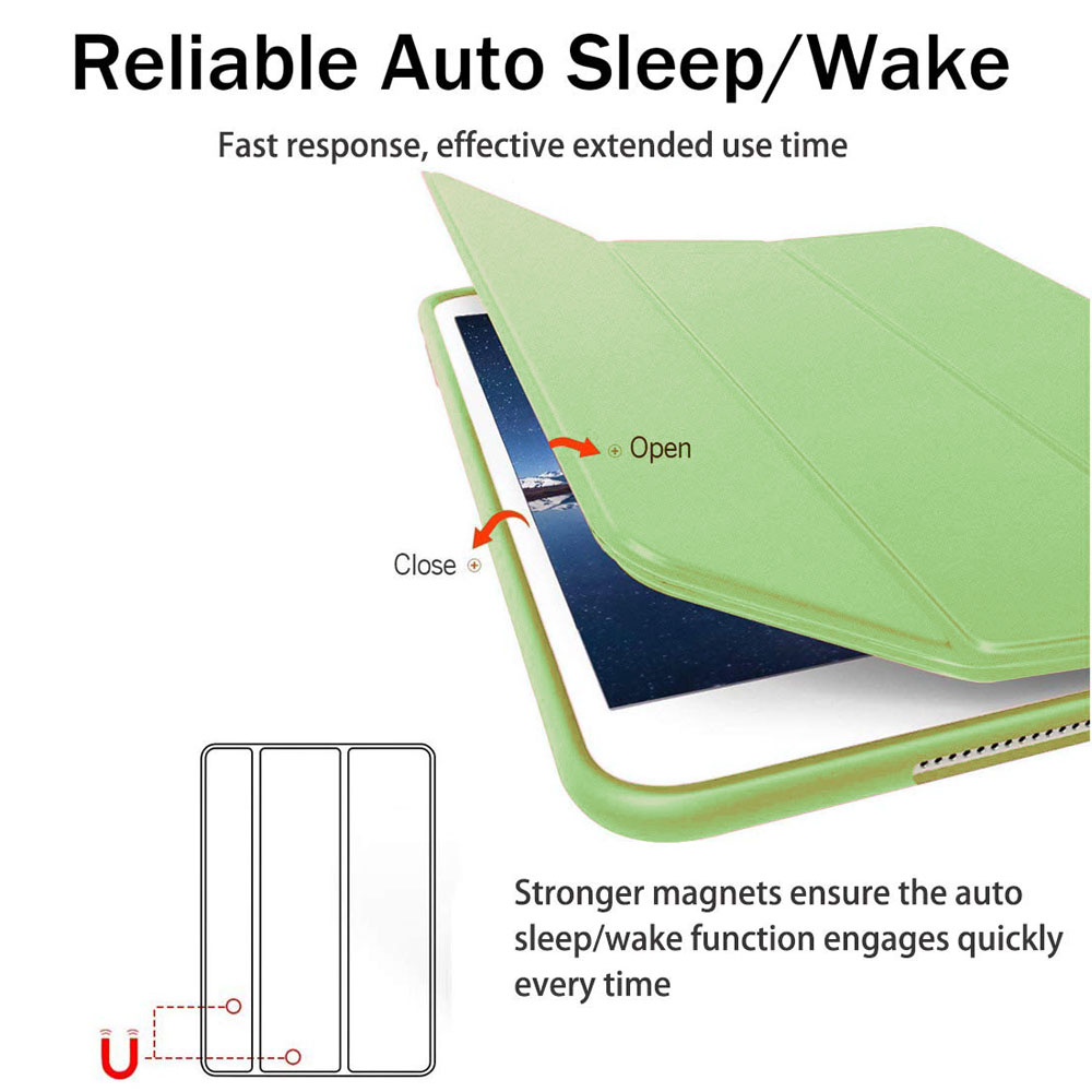 Eine grüne Tablethülle ist geöffnet dargestellt, mit Pfeilen, die „Öffnen“ und „Schließen“ anzeigen. Text beschreibt die Auto-Sleep/Wake-Funktion.