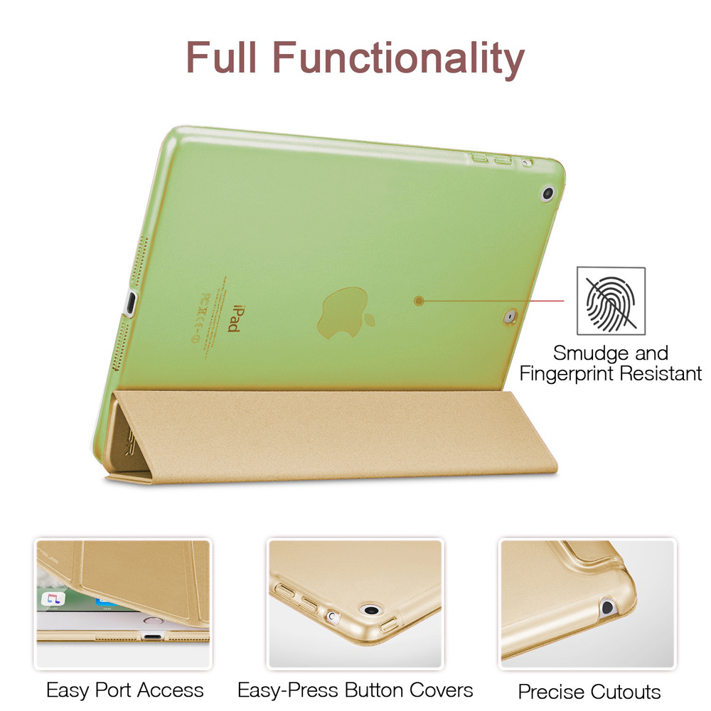 Grünes iPad in goldfarbener Hülle, auf goldenem Ständer, mit Funktionskennzeichnungen. Text: Volle Funktionalität, Wischfest.