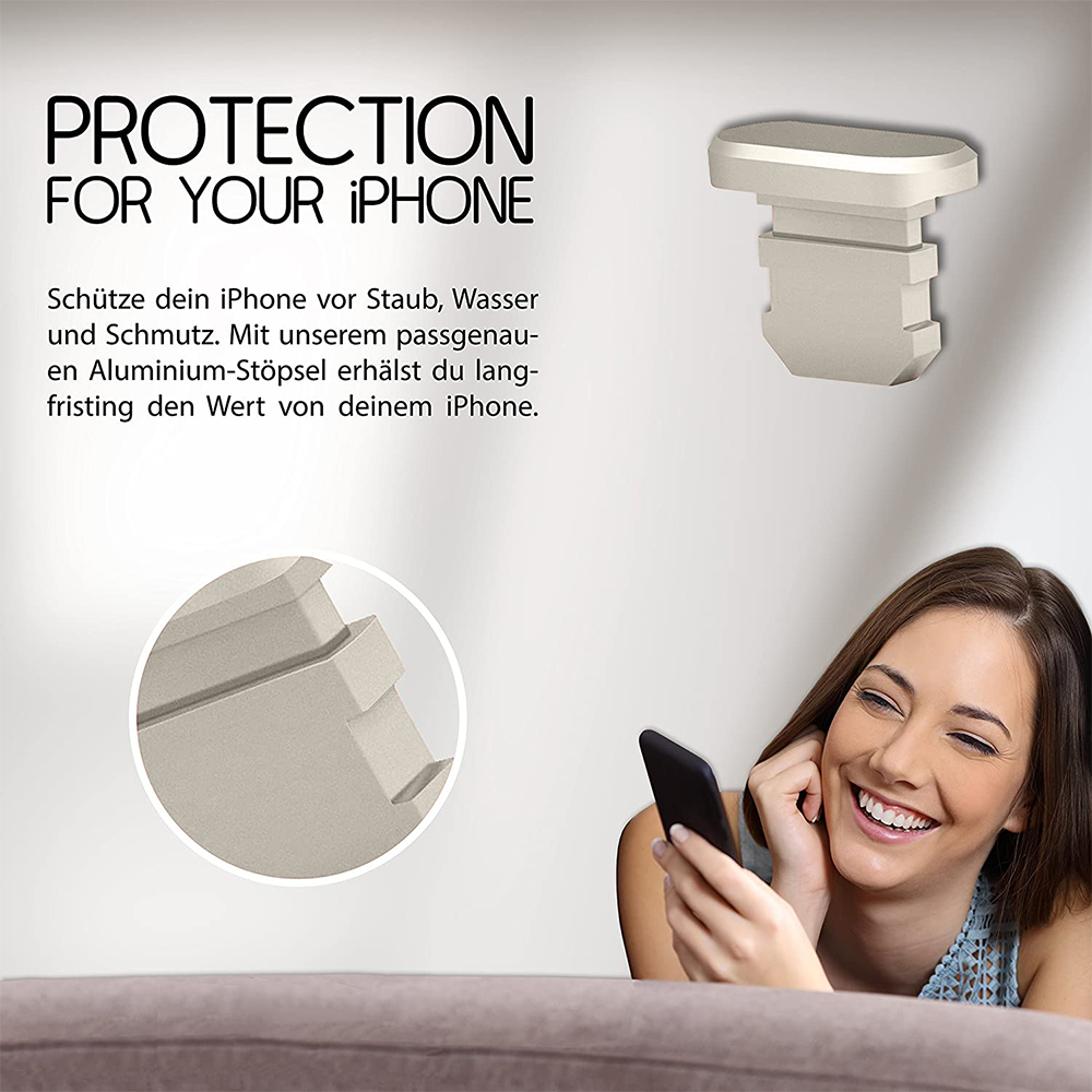 Werbung zeigt eine lächelnde Frau mit einem Telefon. Text sagt 'Schutz für Ihr iPhone'. Ein Aluminiumstecker wird gezeigt.
