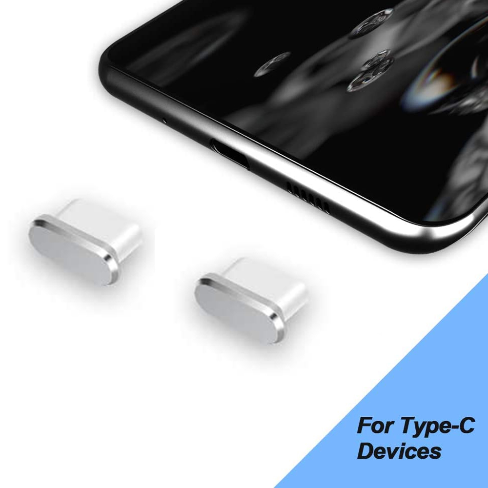 Zwei weiße und silberne Type-C-Adapter unter einem Telefon. Das Telefon ist schwarz. Text: Für Typ-C-Geräte auf blauem Hintergrund.
