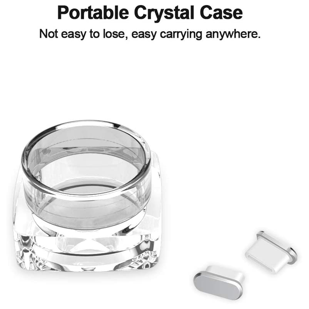 Klarer Kristallbehälter mit zwei kleinen weißen und silbernen Objekten. Text oben: 'Portable Crystal Case', und mehr Text darunter.