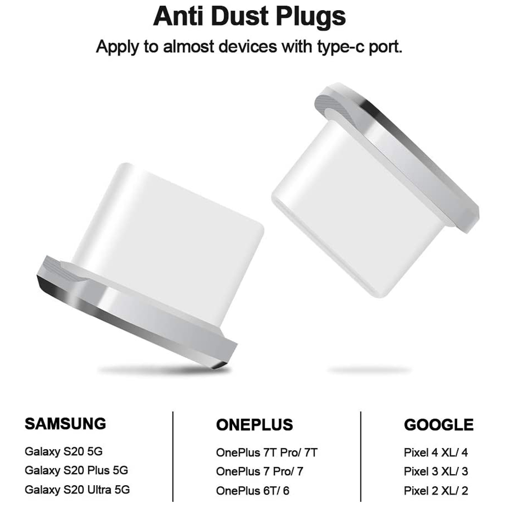 Zwei weiße Anti-Staub-Stecker mit silbernen Rändern. Text: Anti-Staub-Stecker. Listet Samsung-, OnePlus- und Google-Telefonmodelle auf.