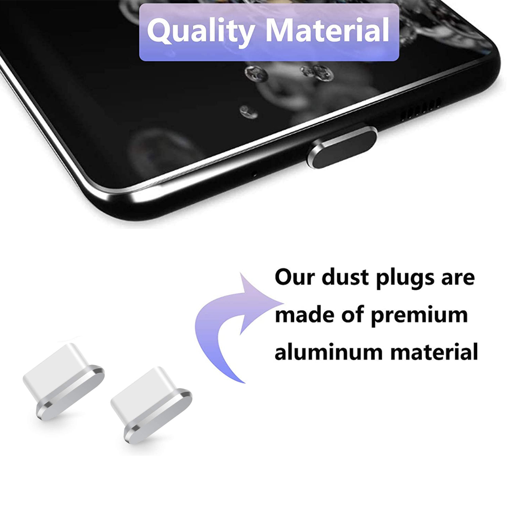 Das Bild zeigt ein Telefon mit Staubschutz. Text gibt an, dass die Stecker aus hochwertigem Aluminiummaterial bestehen. Zwei Stecker sind im Vordergrund.