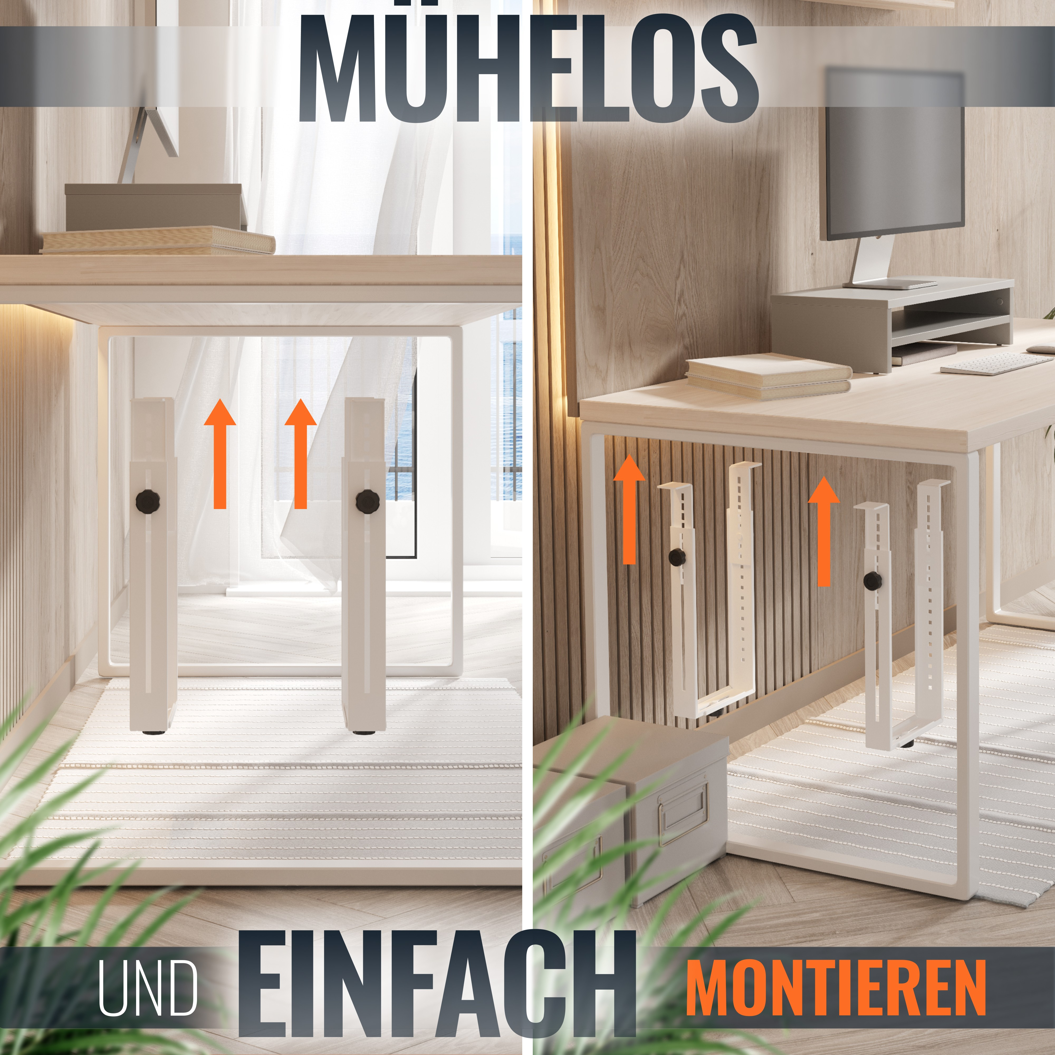 Das Bild zeigt einen Schreibtisch mit verstellbaren Beinen. Der Text lautet 'einfach zu montieren'.
