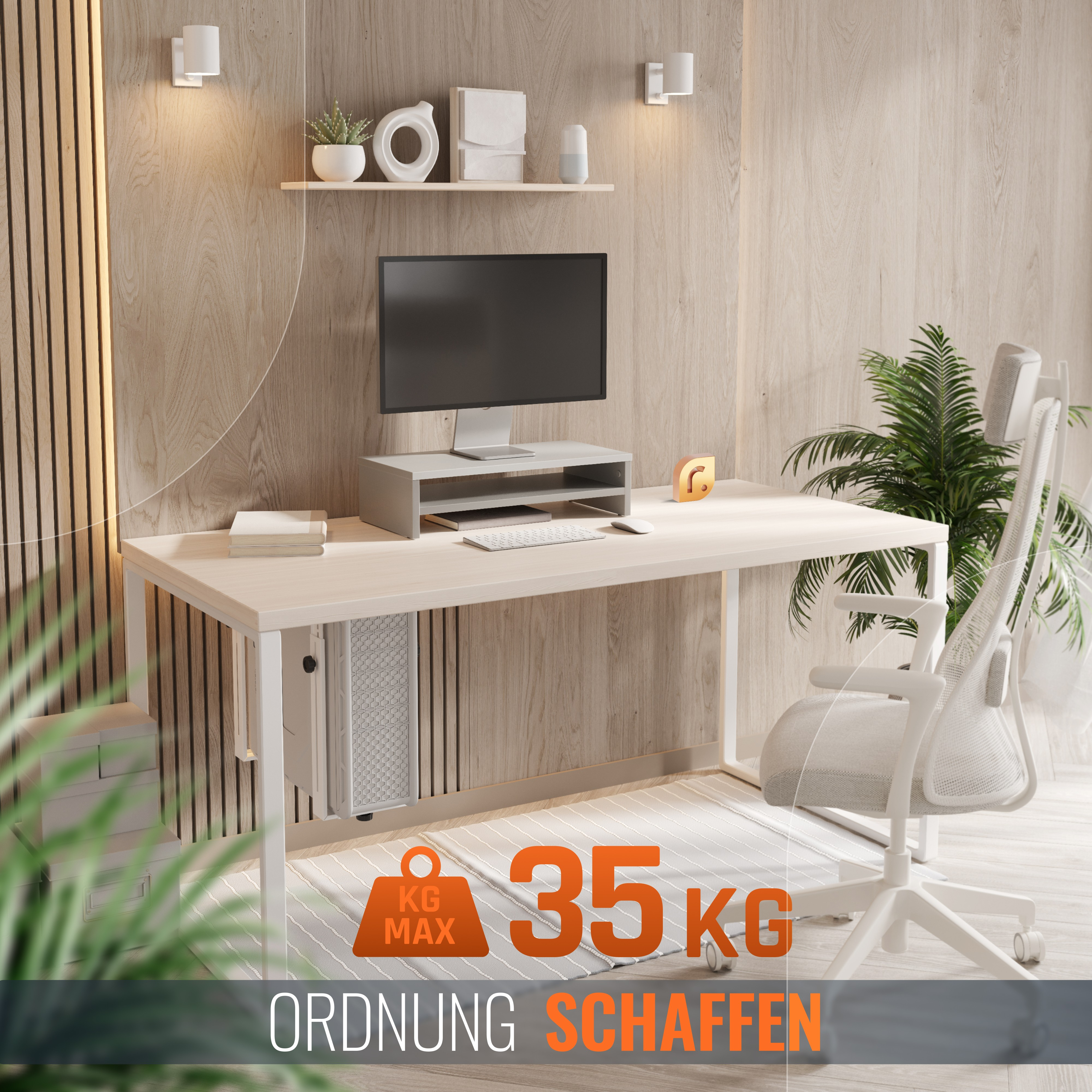 Ein moderner Bürotisch mit Computer, Stuhl und Zubehör. Die maximale Belastung beträgt 35 kg. Darunter steht 'ORDNUNG SCHAFFEN'.