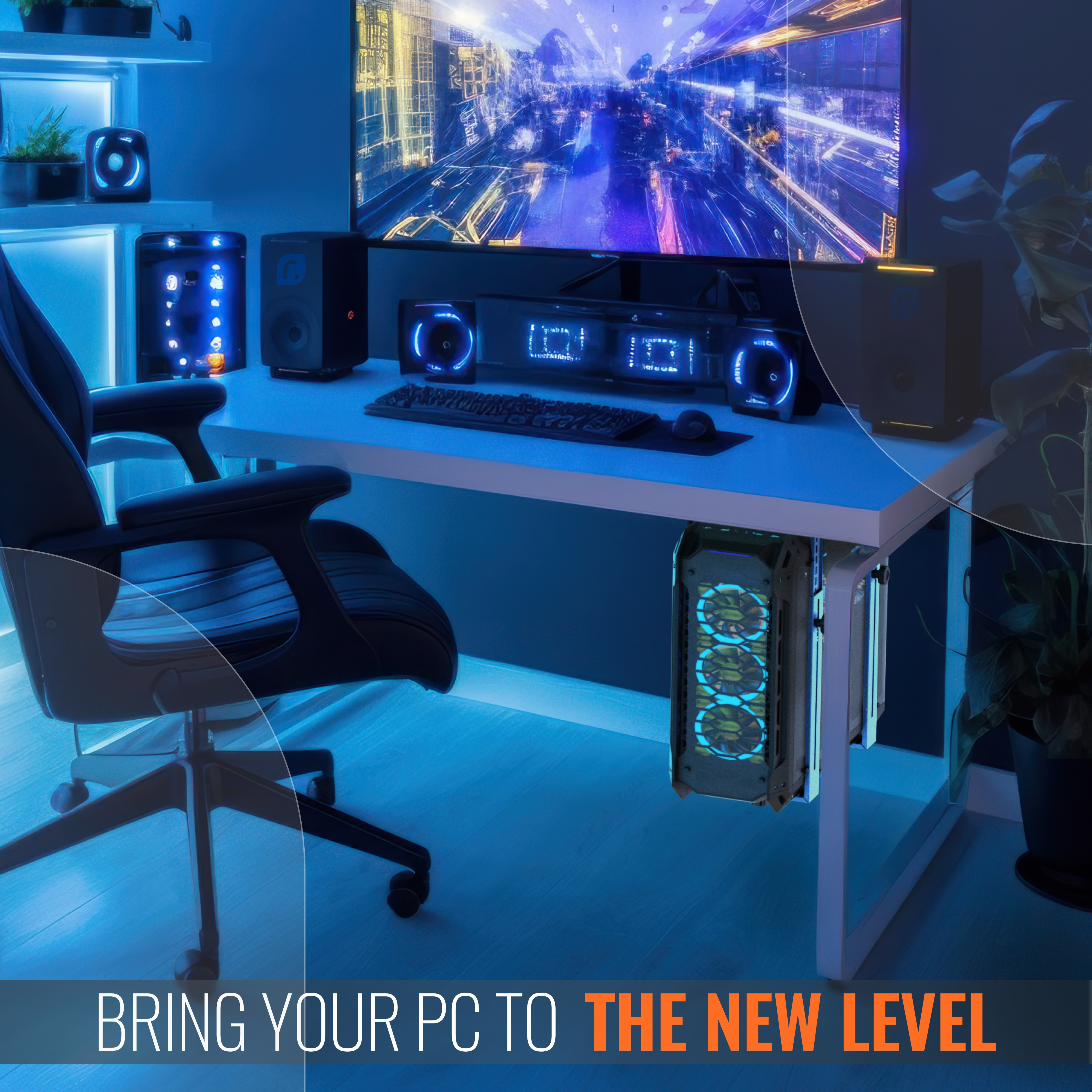 Ein Gaming-Setup mit PC, Lautsprechern und einem Schreibtisch. Der Raum ist mit blauen Lichtern beleuchtet.
