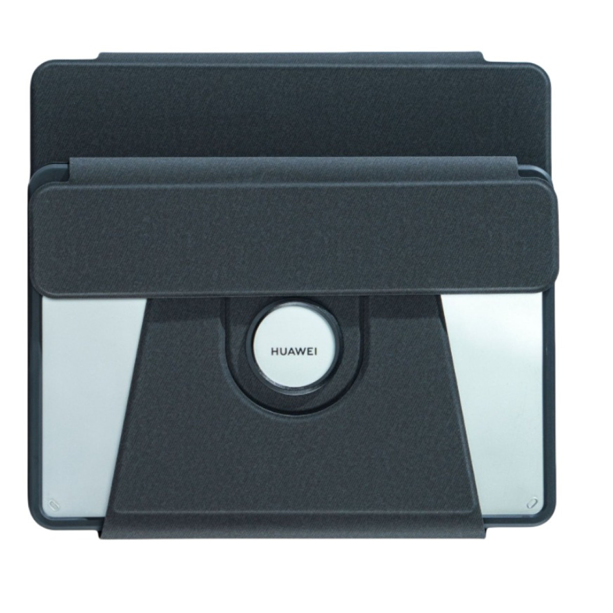Eine schwarze Huawei-Tablethülle. Sie hat eine Abdeckung und einen Ständer. Das Huawei-Logo befindet sich auf der Vorderseite.