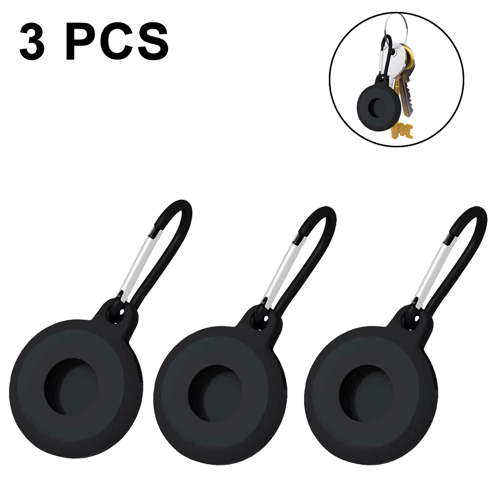 Drei schwarze runde Schlüsselanhänger mit silbernen Clips. Einer zeigt befestigte Schlüssel. Oben links steht '3 PCS'.