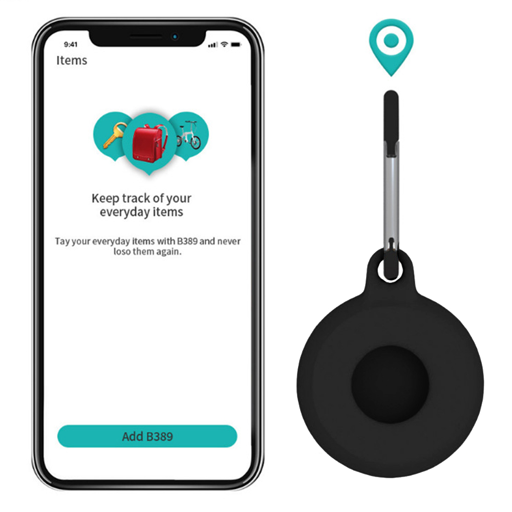 Smartphone zeigt App mit Symbolen von Schlüssel, Rucksack und Fahrrad, neben einem schwarzen Ortungsgerät mit türkisem Standort-Pin.