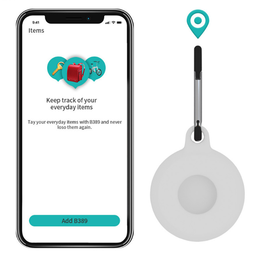 Smartphone zeigt eine App mit Alltagsgegenständen. Ein weißer runder Tracker ist an einem silbernen Clip und einem Standort-Pin befestigt.
