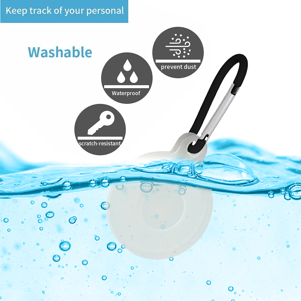 Weißes, wasserdichtes Etikett mit schwarzem und silbernem Clip im Wasser. Symbole zeigen Wasserdichtigkeit, Kratzfestigkeit und Staubschutz.