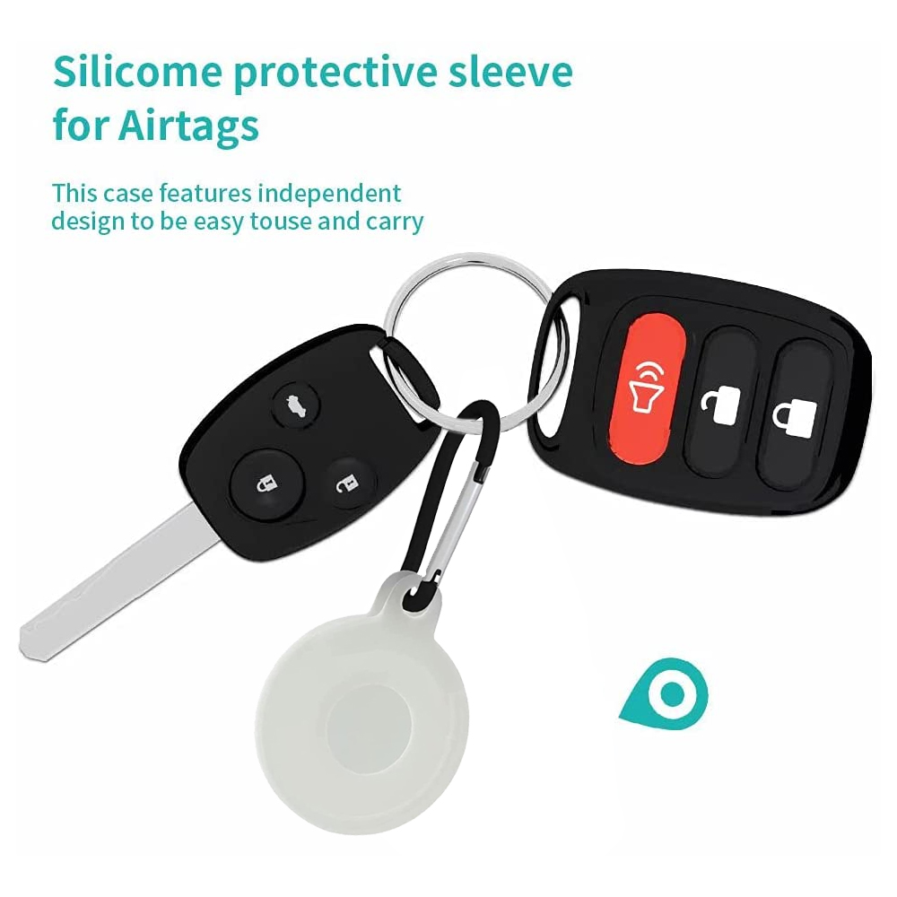 Ein Schlüsselring hält Schlüssel und eine Autofernbedienung. Ein weißer Silikon-AirTag-Halter ist befestigt. Text: 'Silikon-Schutzhülle für AirTags'.