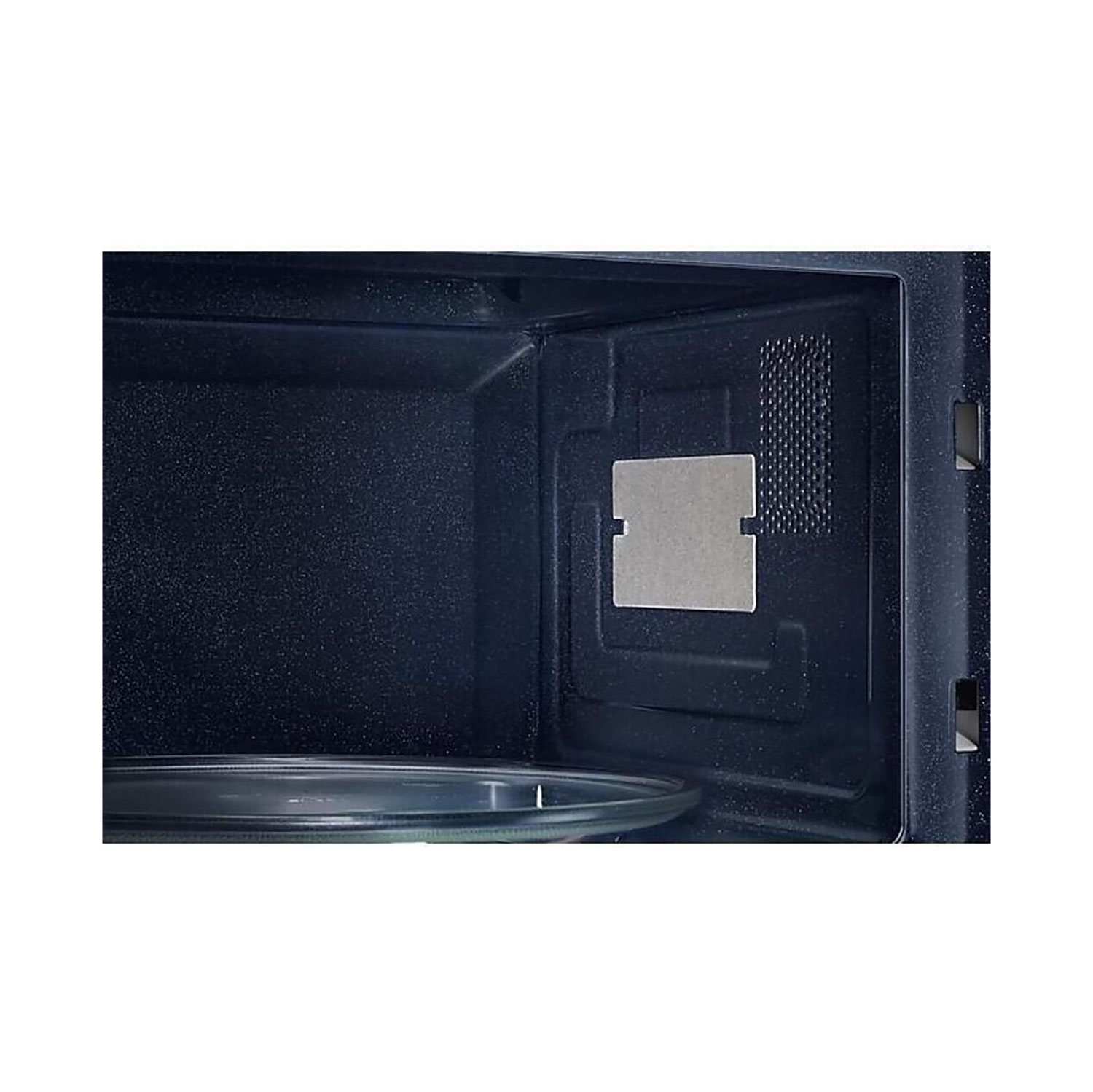 Inside a microwave oven. A glass plate is in the bottom. A rectangular metal plate and a perforated area are on the side.