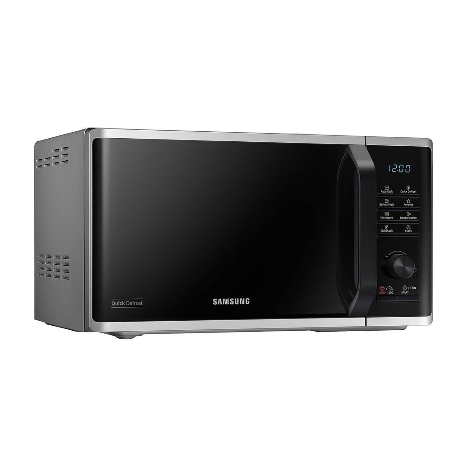 A silver and black Samsung microwave. The time 12:00 is displayed. Features include quick defrost and various cooking options.
