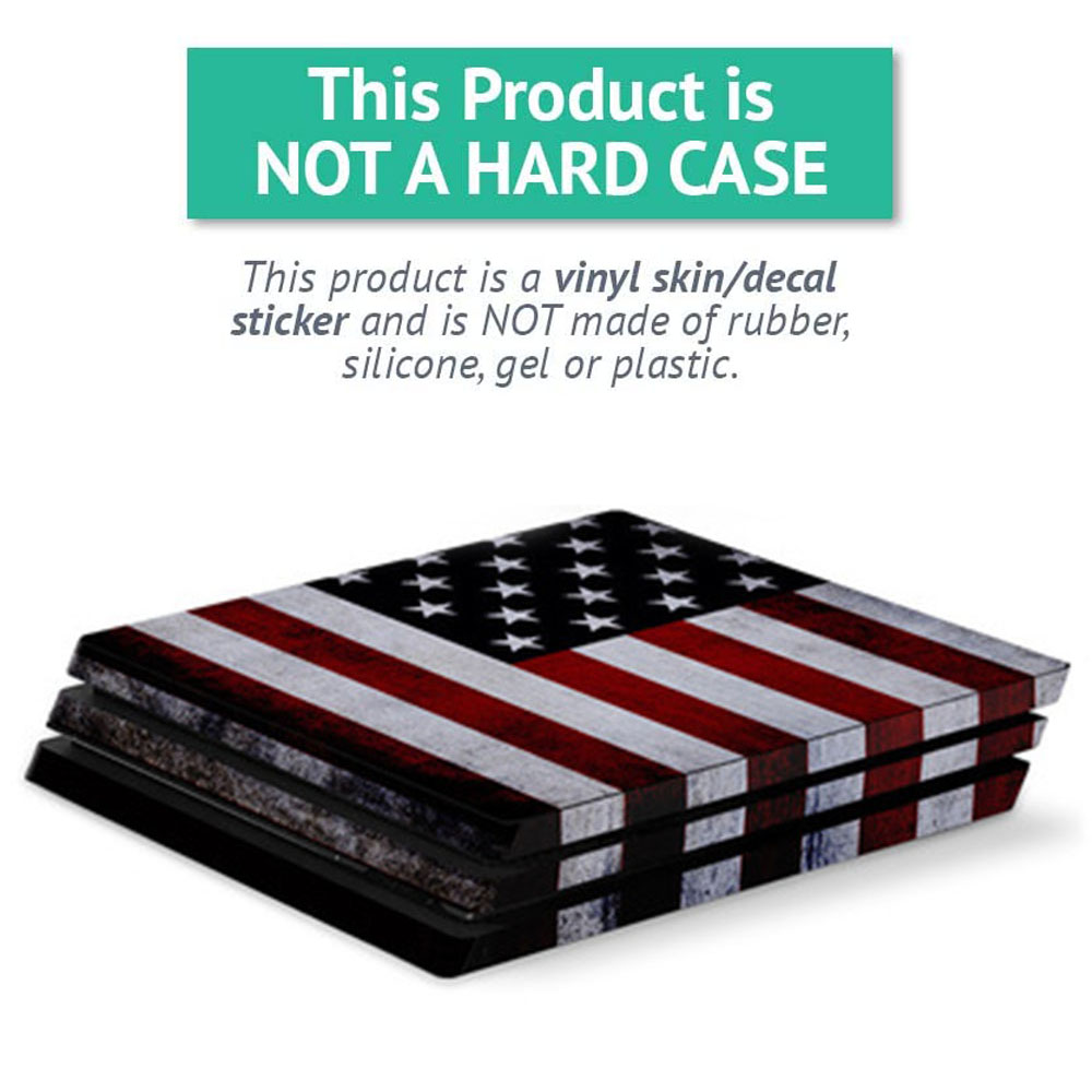 Ein Design der amerikanischen Flagge auf einem Stapel von Platten. Der Text lautet: 'Dieses Produkt ist KEIN HARTES GEHÄUSE'.